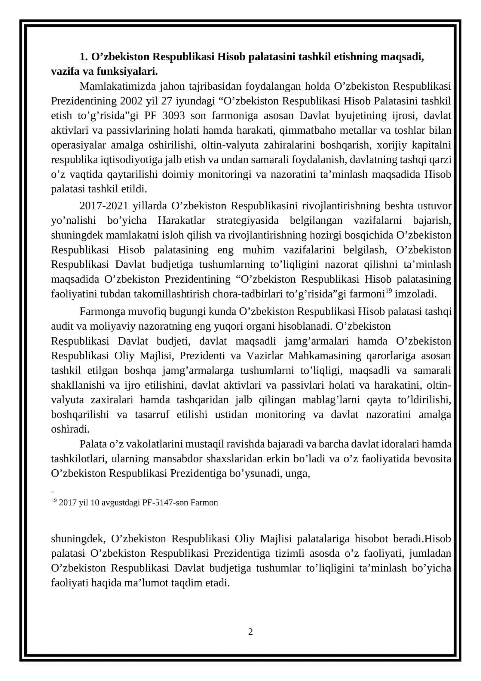 O’zbekiston Respublikasi Hisob palatasi va uning moliyaviy nazoratni tashkil etishdagi o’rni 2