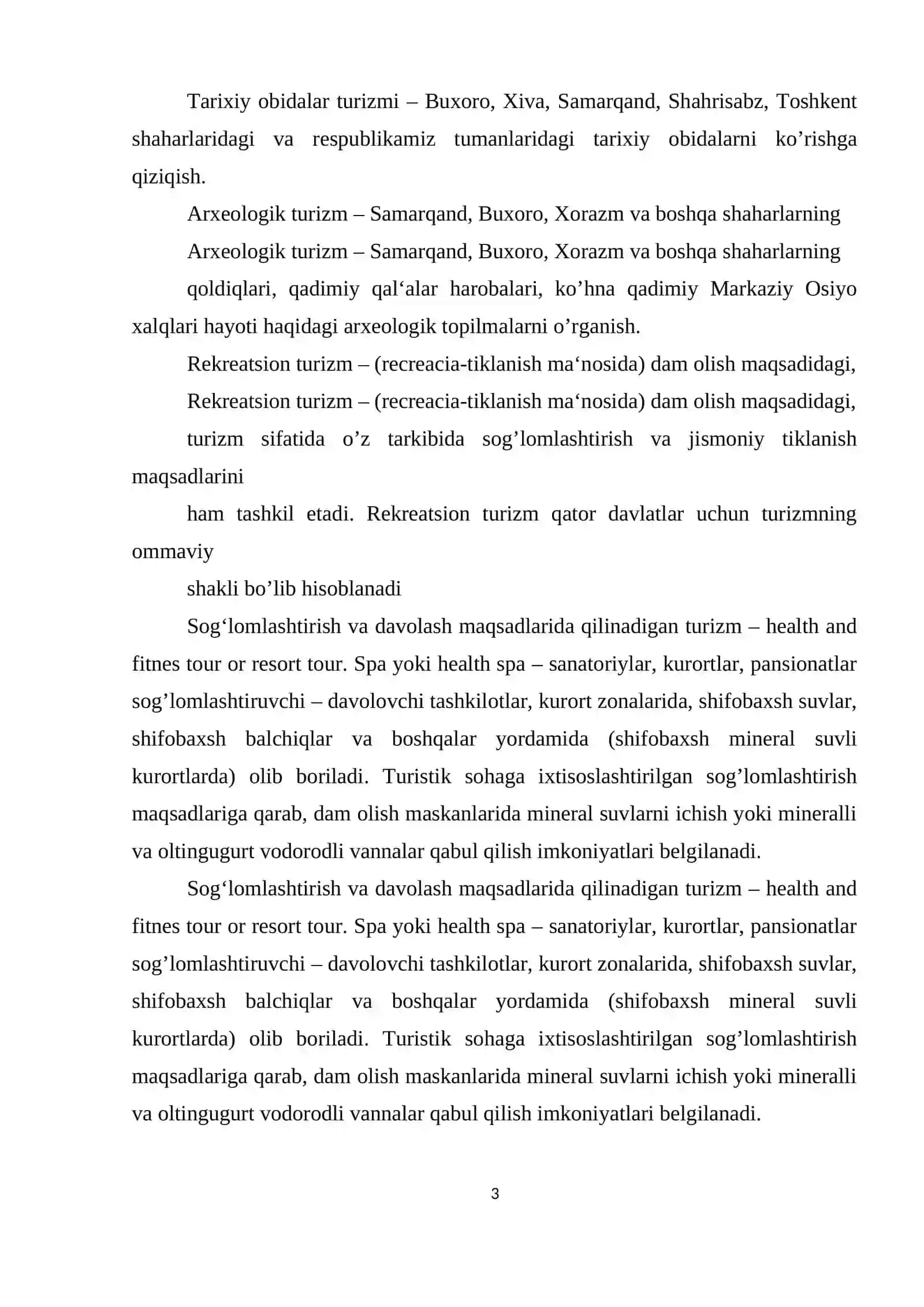 Turizm sohasining tasniflanishi va turlari 2