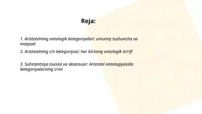 Aristotel, Farobiy vaKant ontologiyasida ketegoriyalarning tasnifi 2