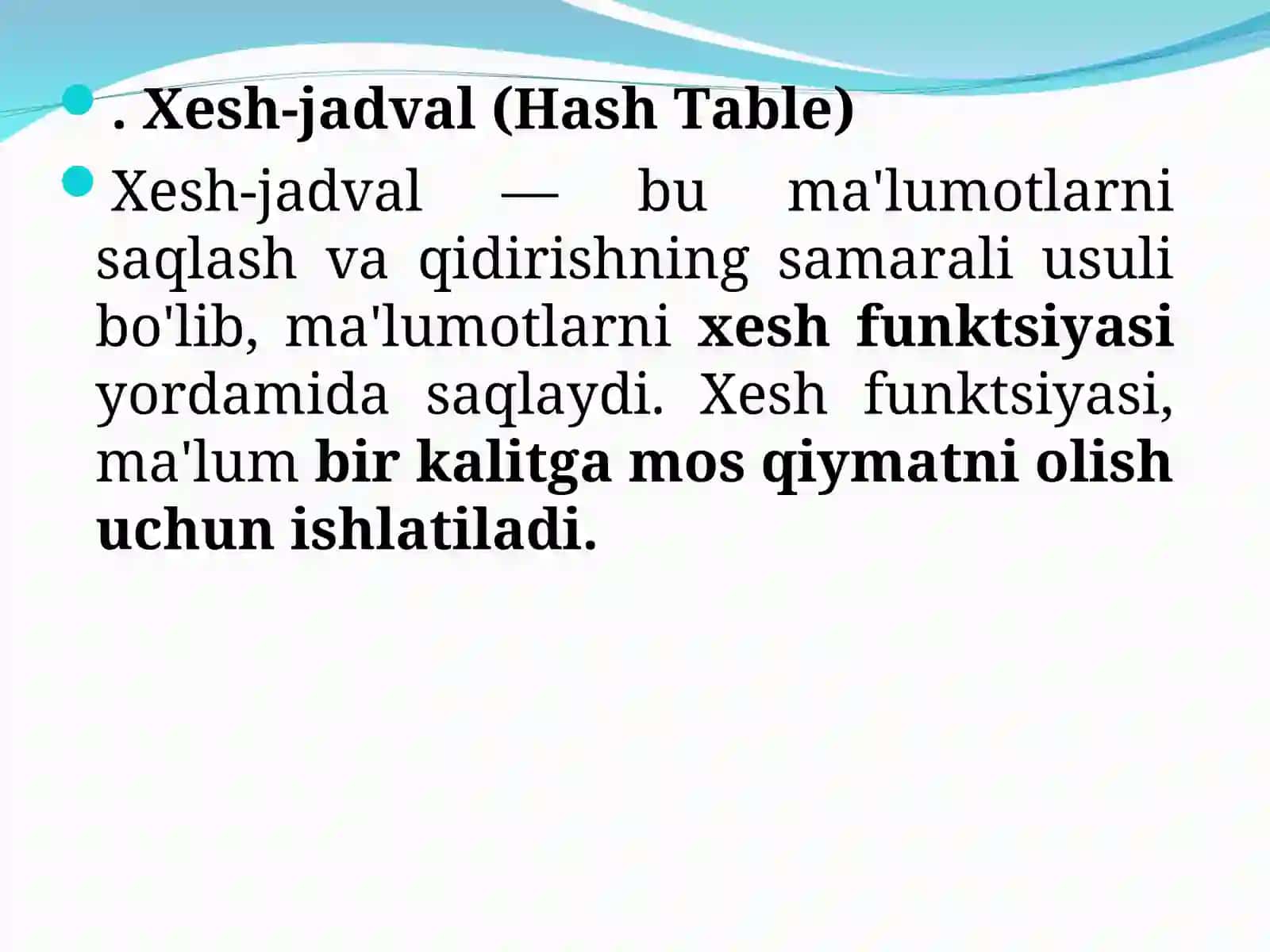 Xesh-jadvallar. Xesh-jadvallar – xesh-funksiyalar, kolliziyalarni hal qilish usullari. 2