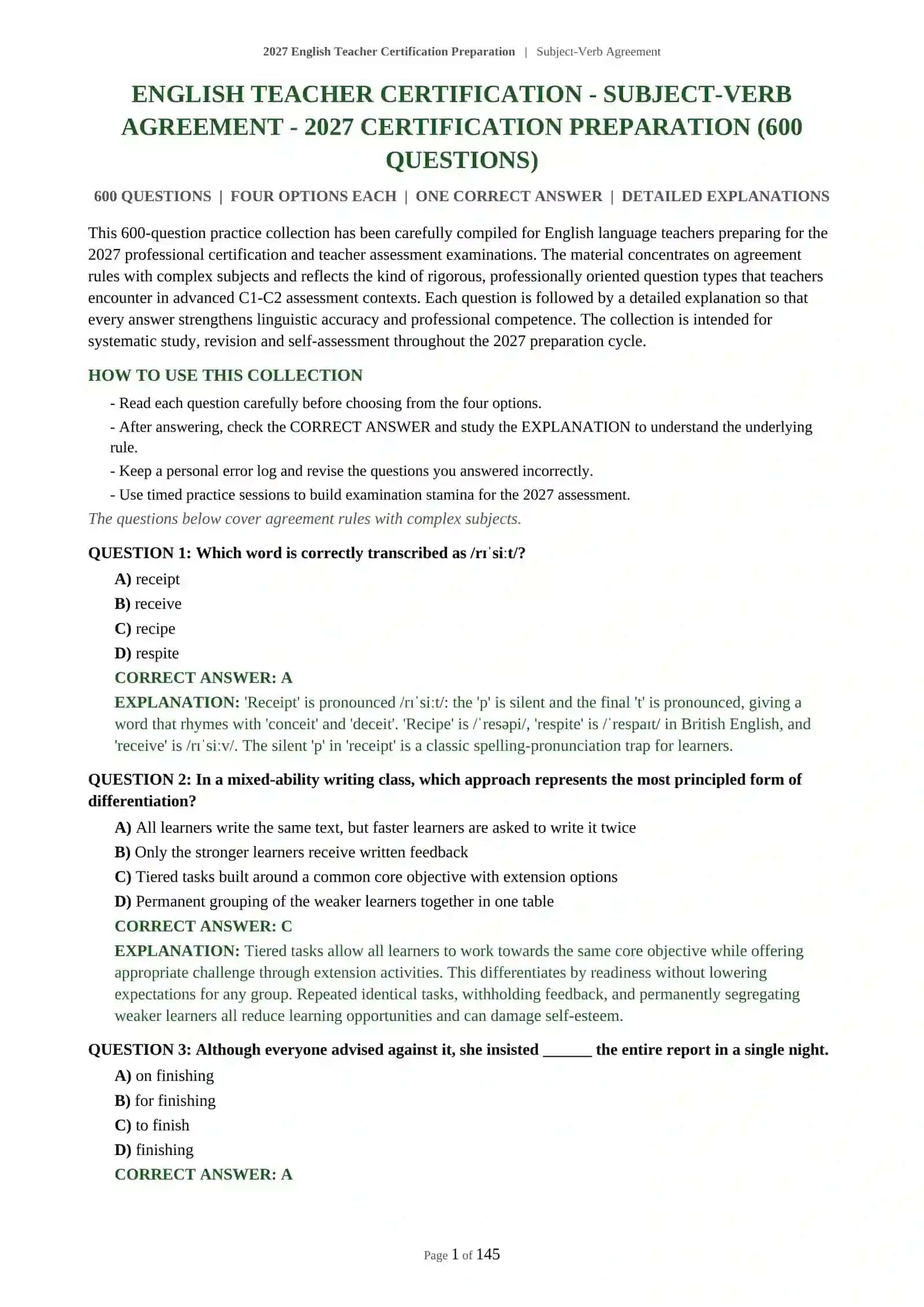 Subject-Verb Agreement Certification Preparation 2