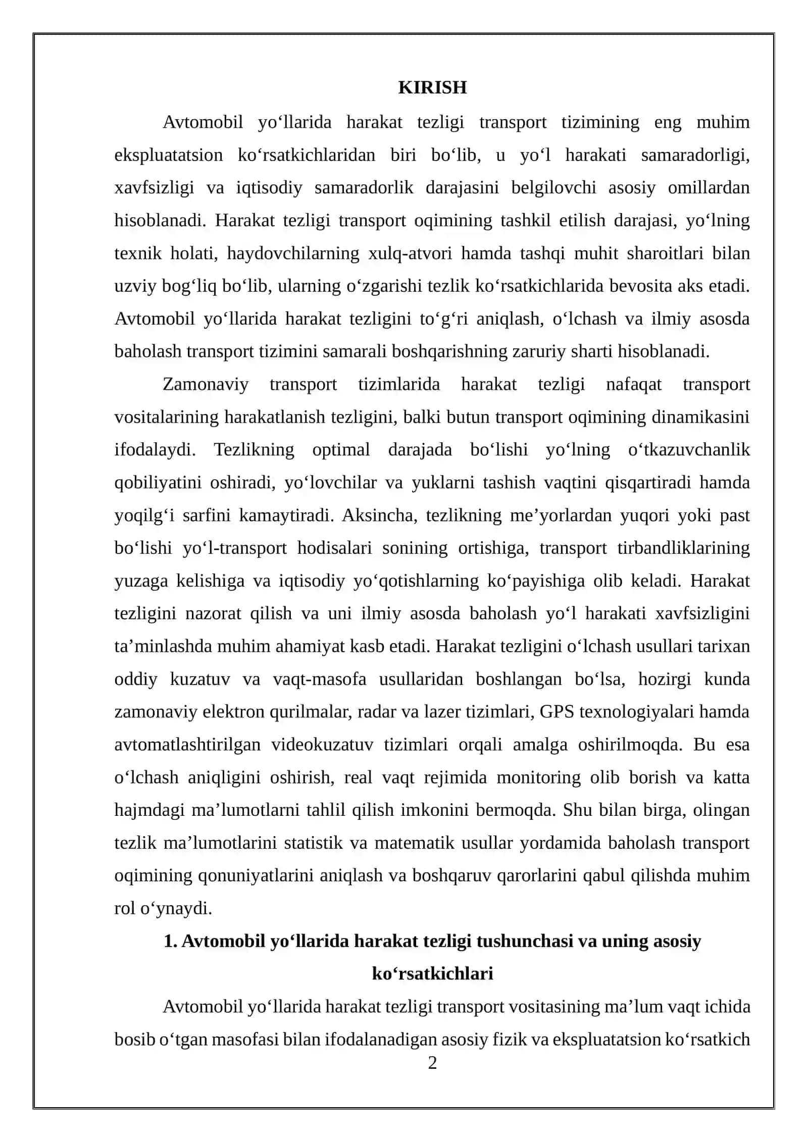 Avtomobil yo‘llarida harakat tezligini o‘lchash va baholash usullarini o‘rganish 2