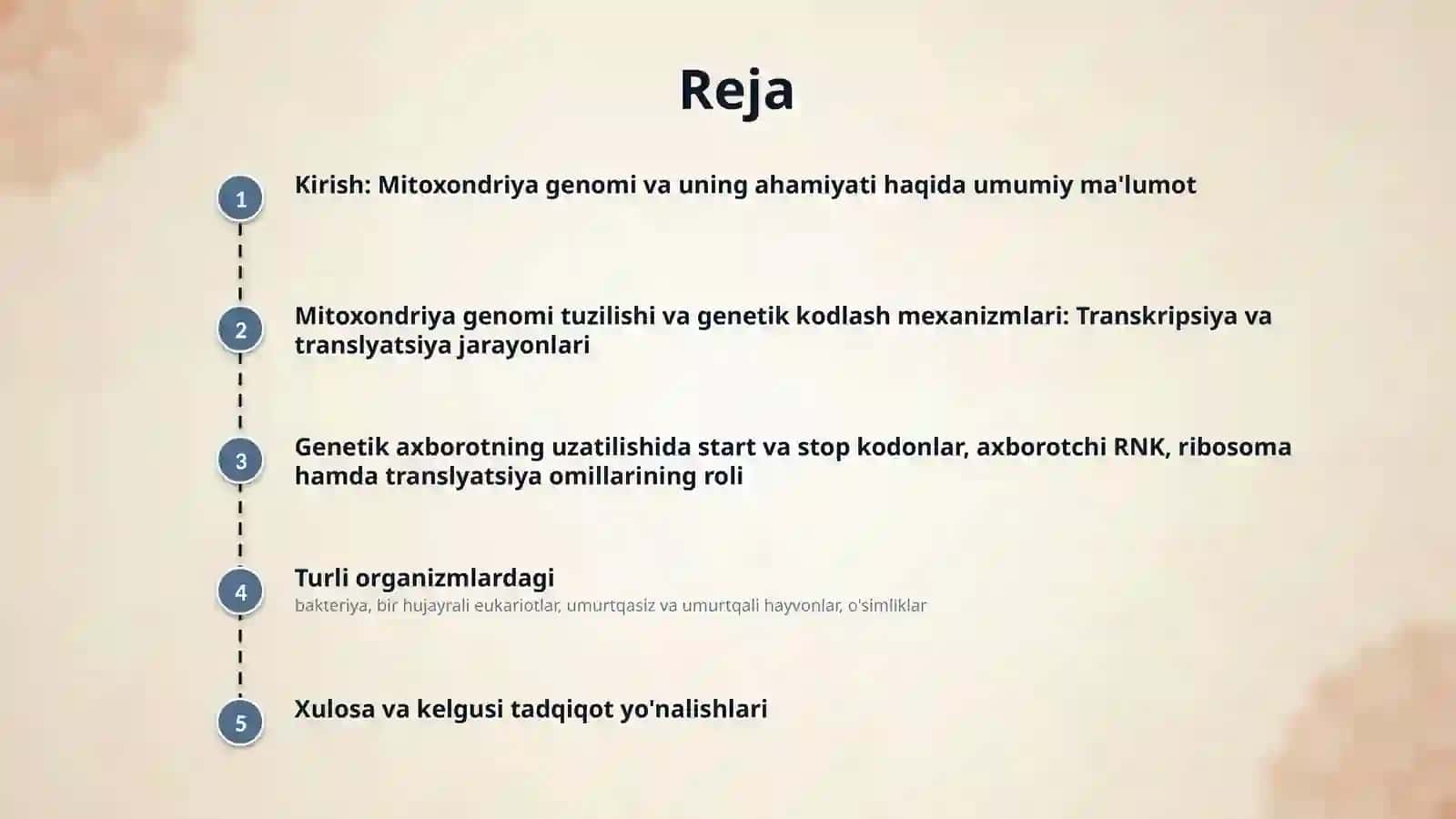 Mitoxondiriya genomi.Transkripsiya va translyatsiya bosqichlari.Start va stop kodonlar, information RNK,ribosoma va uning subbirliklari,initsiatsiyasi,elongatsiya va terminatsiya omillari.Bakteriya,bir hujayrali eukaroit umurtqasiz va umurtqali hayvonlar, ósimliklar genomlari tuzilishi bir-biridan farqi qiluvchi xususiyatlari 2