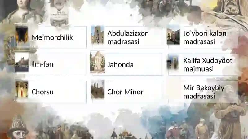 Ashtarxoniylar davrida  me’morchilik va ta’lim  Mang’itlar  davrida  ilm-fan va                       madaniyat 2