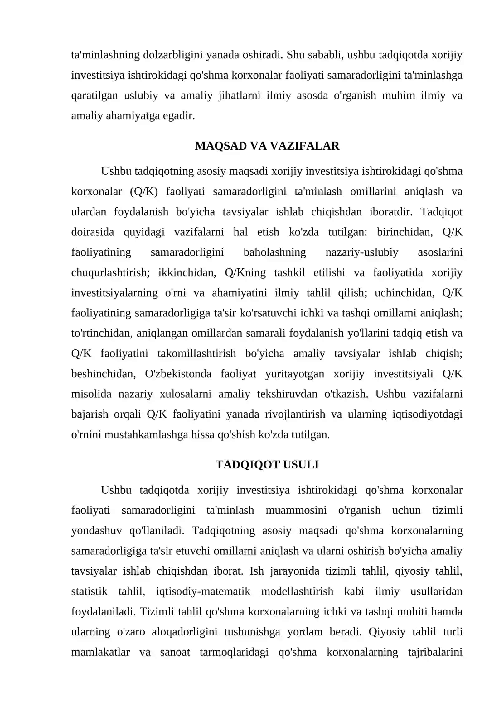 XORIJIY INVESTITSIYA ISHTIROKIDAGI QO'SHMA KORXONALAR FAOLIYATINI SAMARADORLIGINI TA'MINLASH 2