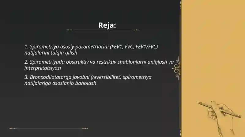 Nafas a`zolari kassaliklaridagi funksional-instrumental tekshiruvlar (spirometriya,pnevmotaxometriya,oksigemometriya)natijalarini interpretatsiyasi 2