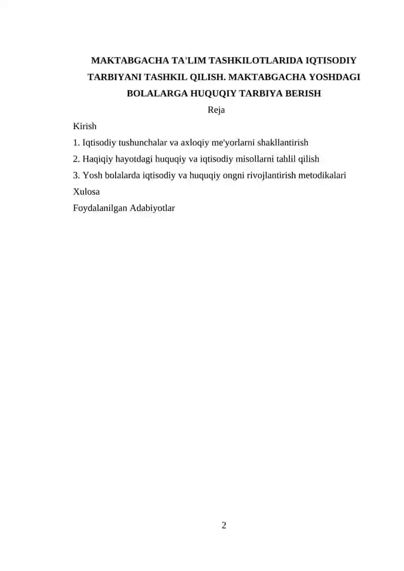 MAKTABGACHA TA'LIM TASHKILOTLARIDA IQTISODIY TARBIYANI TASHKIL QILISH. MAKTABGACHA YOSHDAGI BOLALARGA HUQUQIY TARBIYA BERISH 2