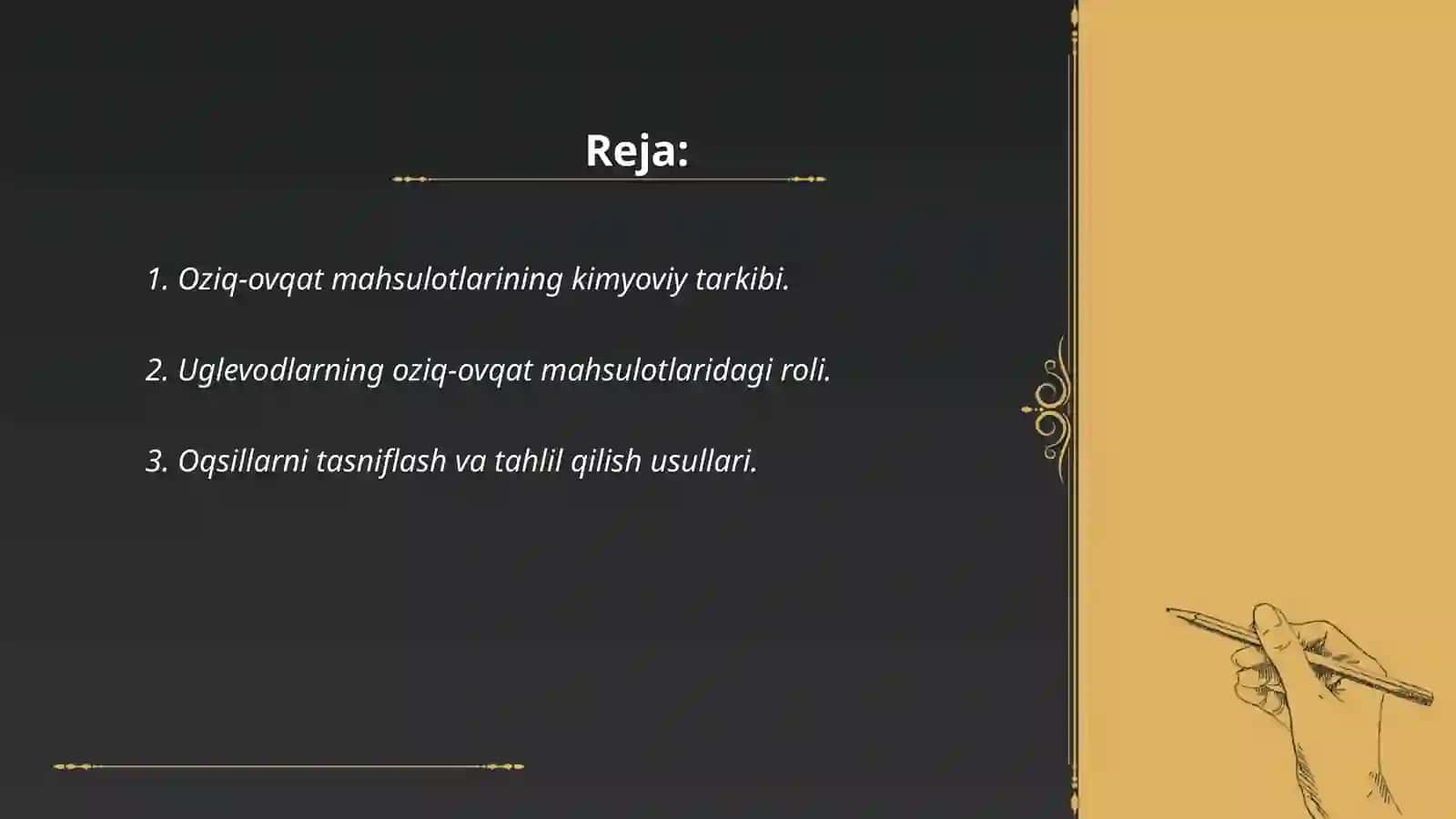 Oziq ovqat mahsulotlarini kimyoviy asoslar yordamida tasniflash 2