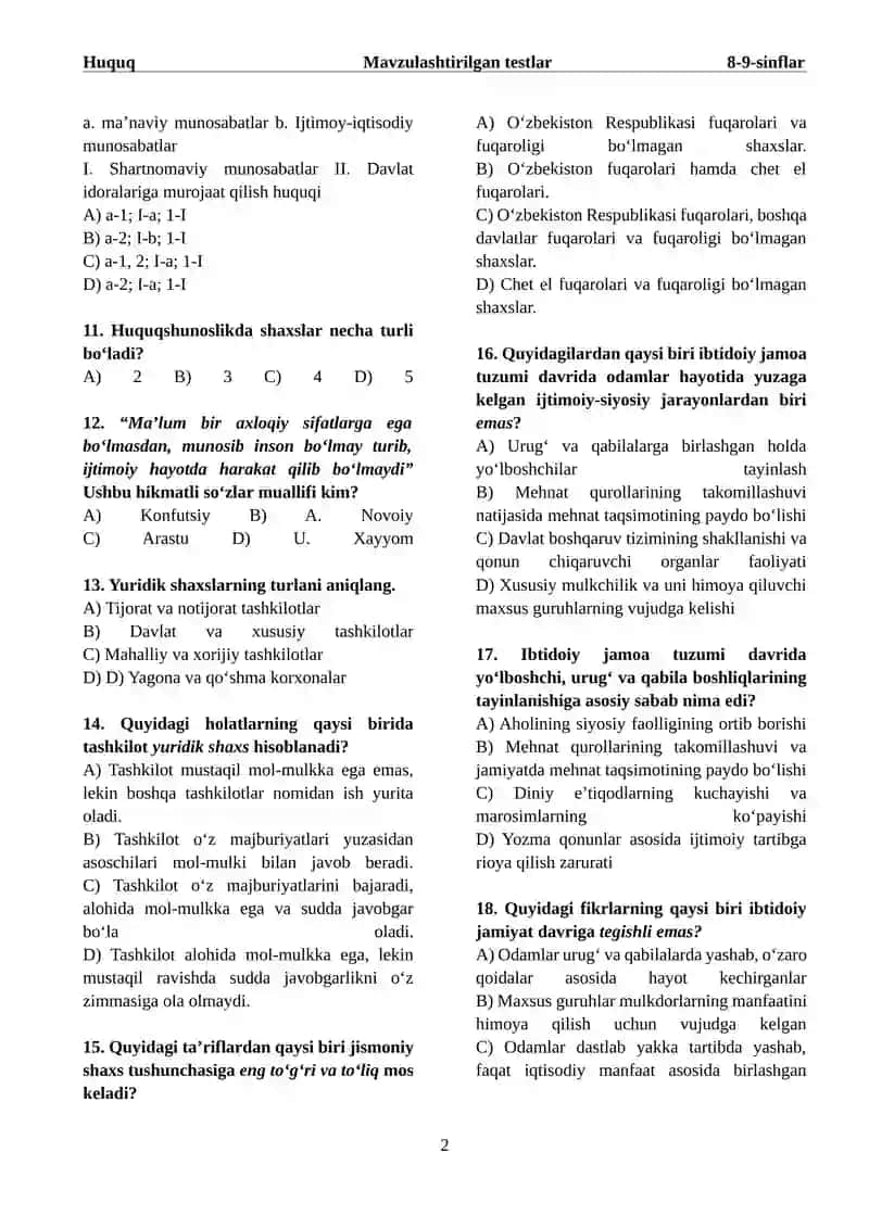 8-sinf Davlat va huquq asoslari fanidan mavzulashtirilgan test 2