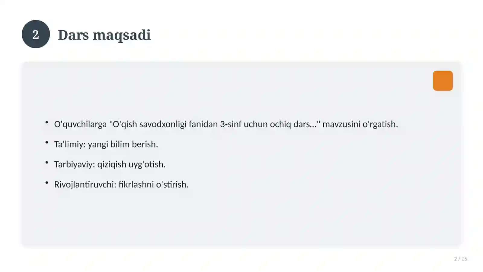 O'qish savodxonligi fanidan 3-sinf uchun ochiq dars ishlanmasi 2