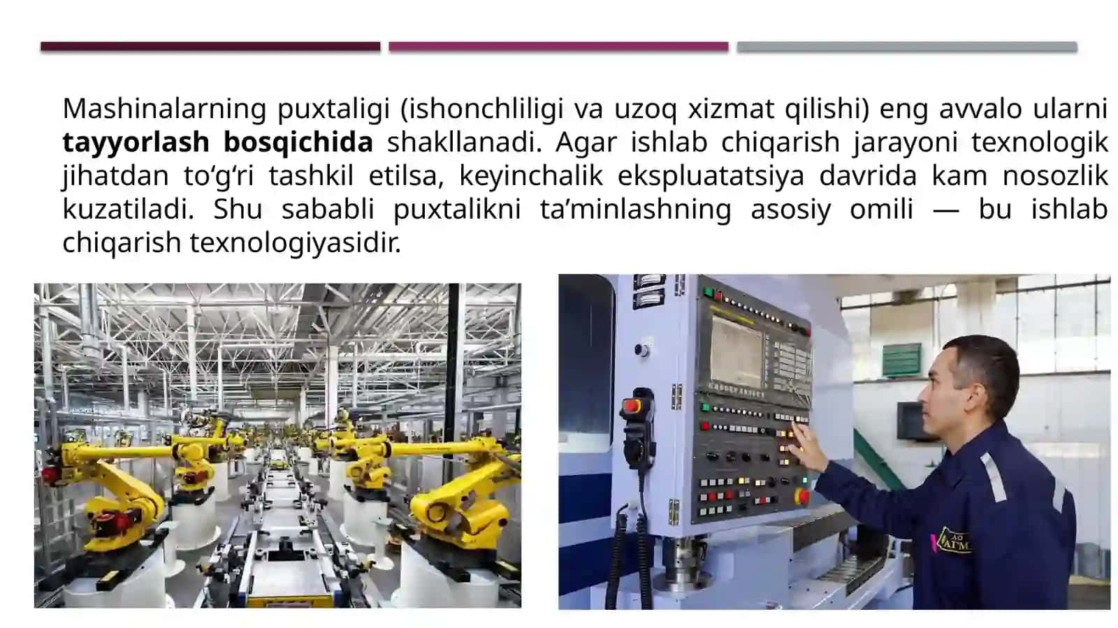 Tayyorlash vaqtida mashinalar puxtaligini ta'minlashning texnologik yo'llari. Mashinalardan foydalanish davrida puxtalikni saqlash chora-tadbirlari. Texnik xizmat ko'rsatishda puxtalikni oshirish usullari 2