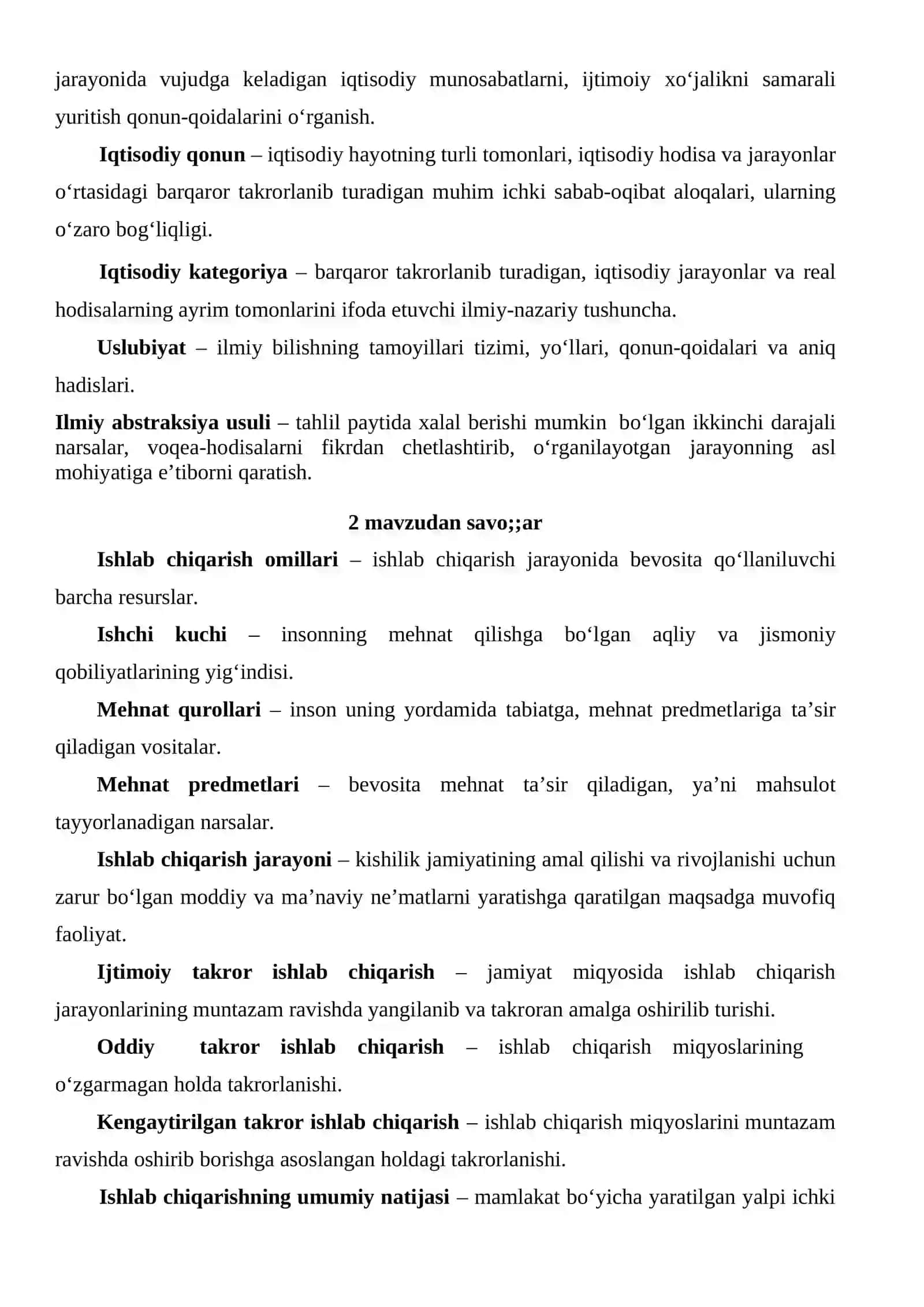 Iqtisodiyot savol-javoblar 2