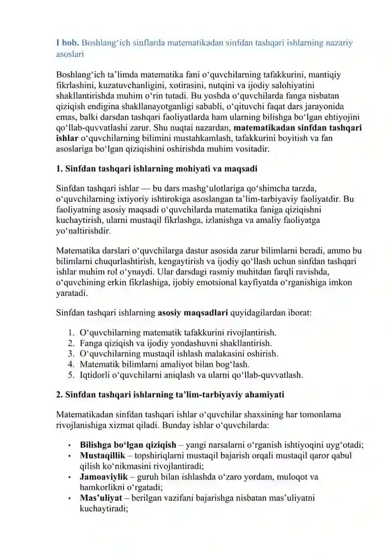 Boshlang‘ich sinflarda matematikadan  sinfdan tashqari ishlar  metodikasi 2