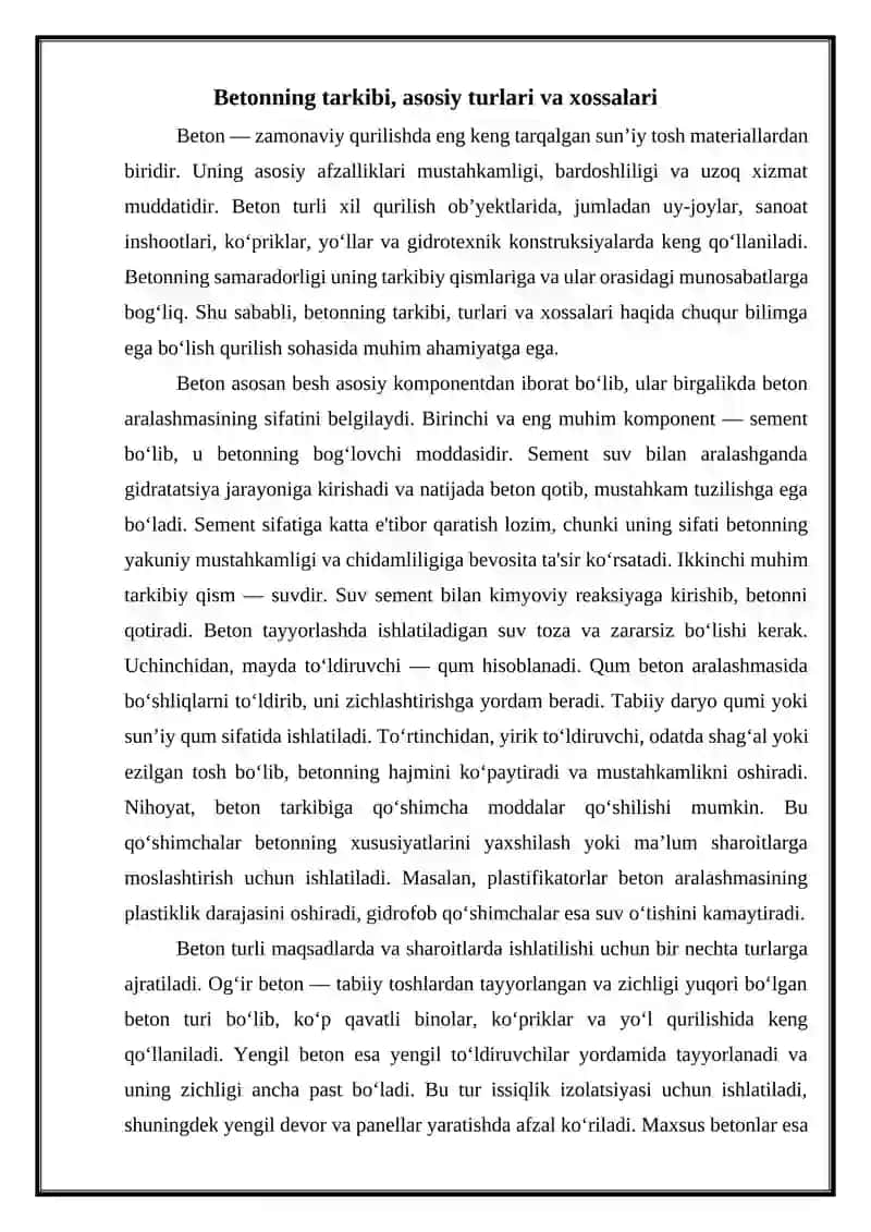 Betonlar haqida umumiy ma'lumot. 2