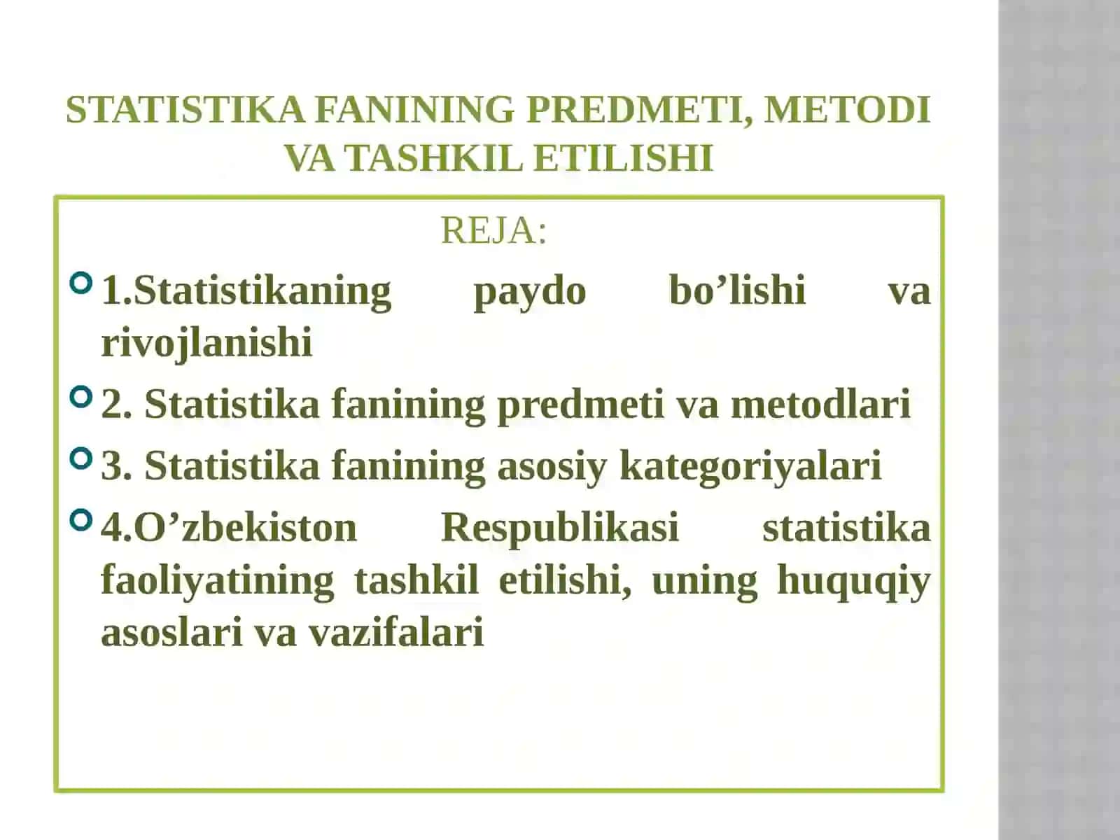 STATISTIKA FANINING PREDMETI, METODI VA TASHKIL ETILISHI 2