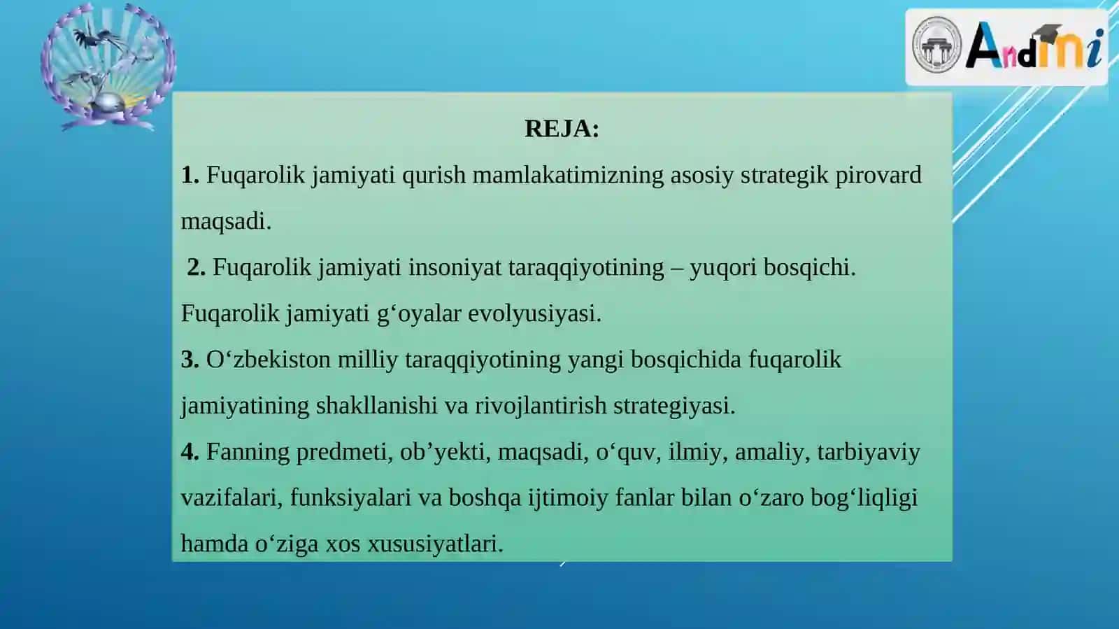 MA’RUZA MAVZUSI:O‘ZBEKISTON MILLIY TARAQQIYOTINING YANGI BOSQICHIDA FUQAROLIK JAMIYATINING SHAKLLANISHI VA RIVOJLANISHI 2