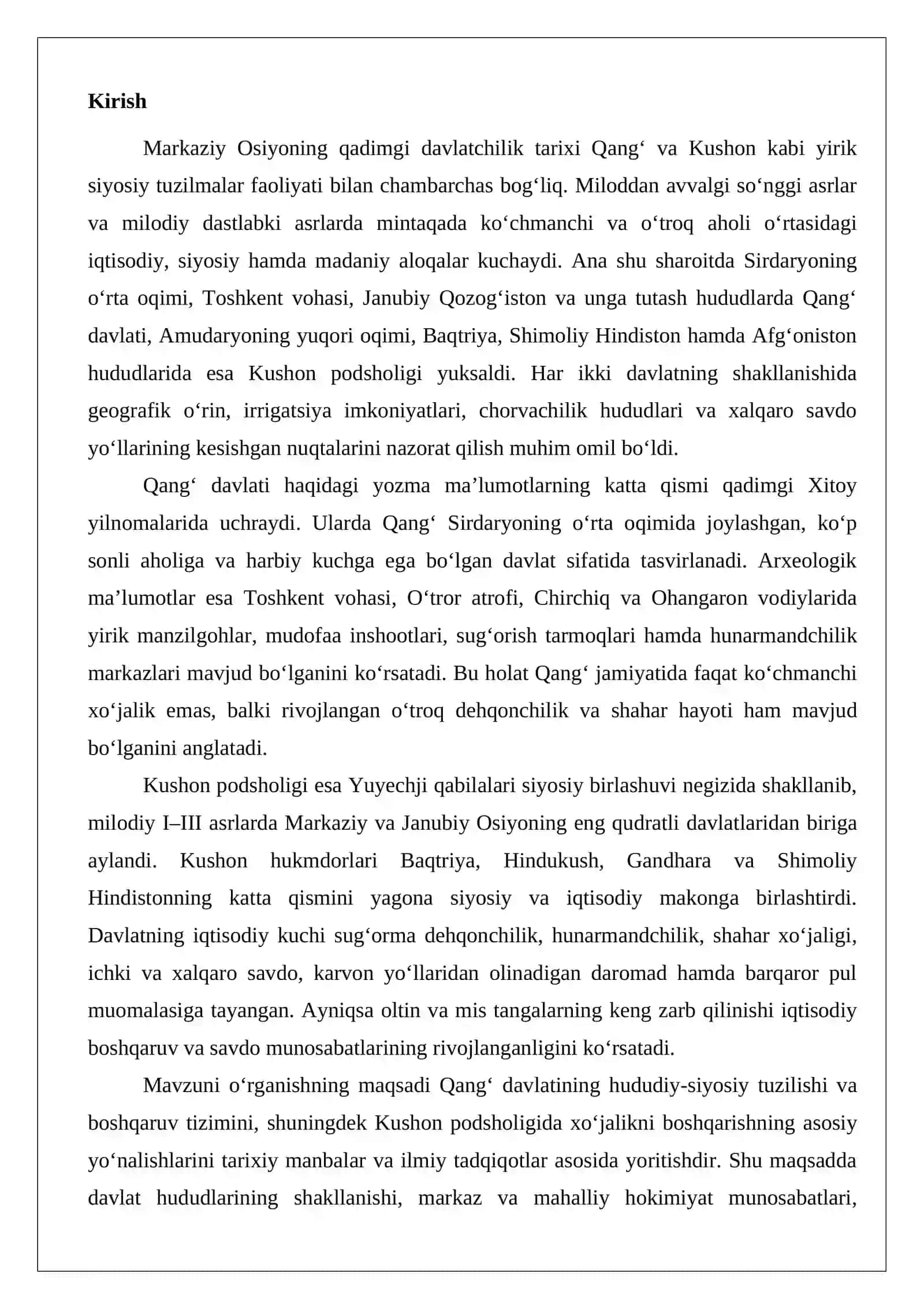 Qang‘ davlati hududi va boshqaruv tizimi. Kushon davlati (podsholigida) xo‘jalik bos 2