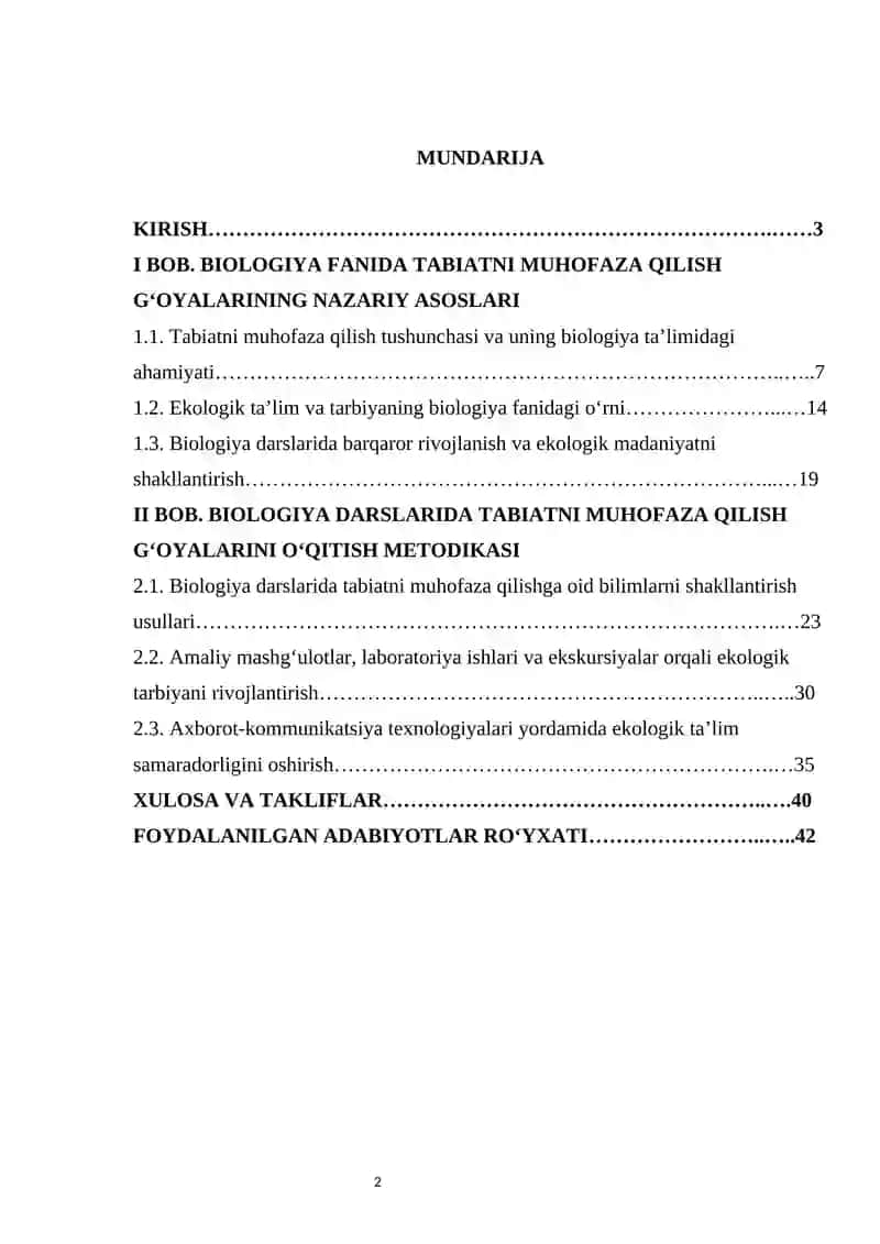 BIOLOGIYA FANIDA TABIATNI MUHOFAZA QILISH G‘OYALARINI O‘QITISH kurs ishi 2