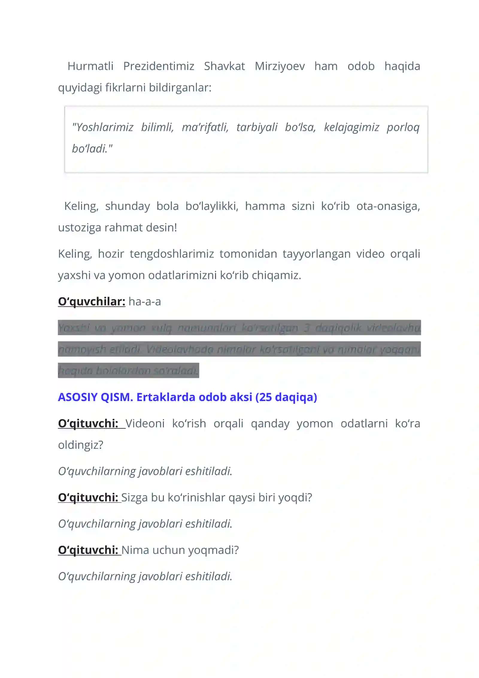Kelajak soati—Dars ssenariysi 2