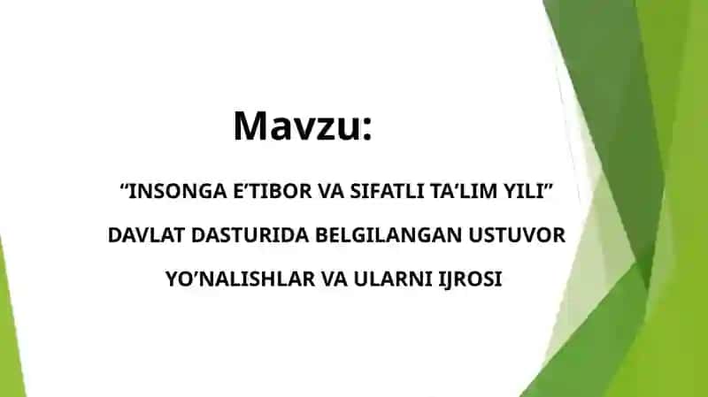 "INSONGA EʼTIBOR VA SIFATLI TAʼLIM YILI" DAVLAT DASTURIDA BELGILANGAN USTUVOR YOʼNALISHLAR VA ULARNI IJROSI 2