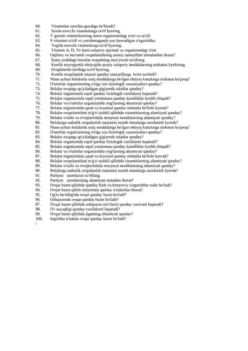 Ovqatlanish fizologiyasi nazorat savollari 2