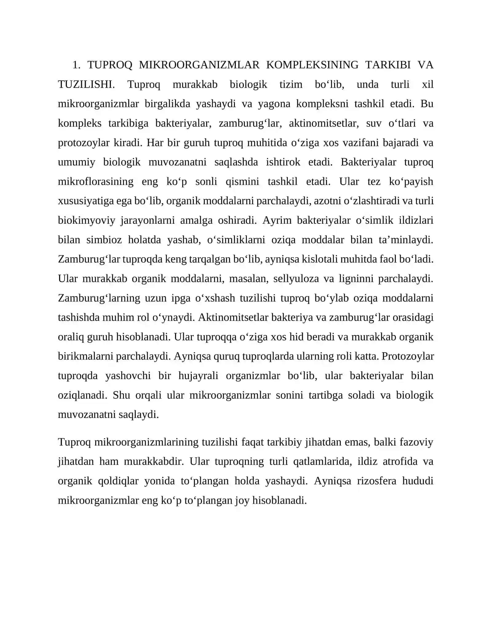 Tuproq mikroorganizmlar kompleksining tuzilishi va faoliyati 2