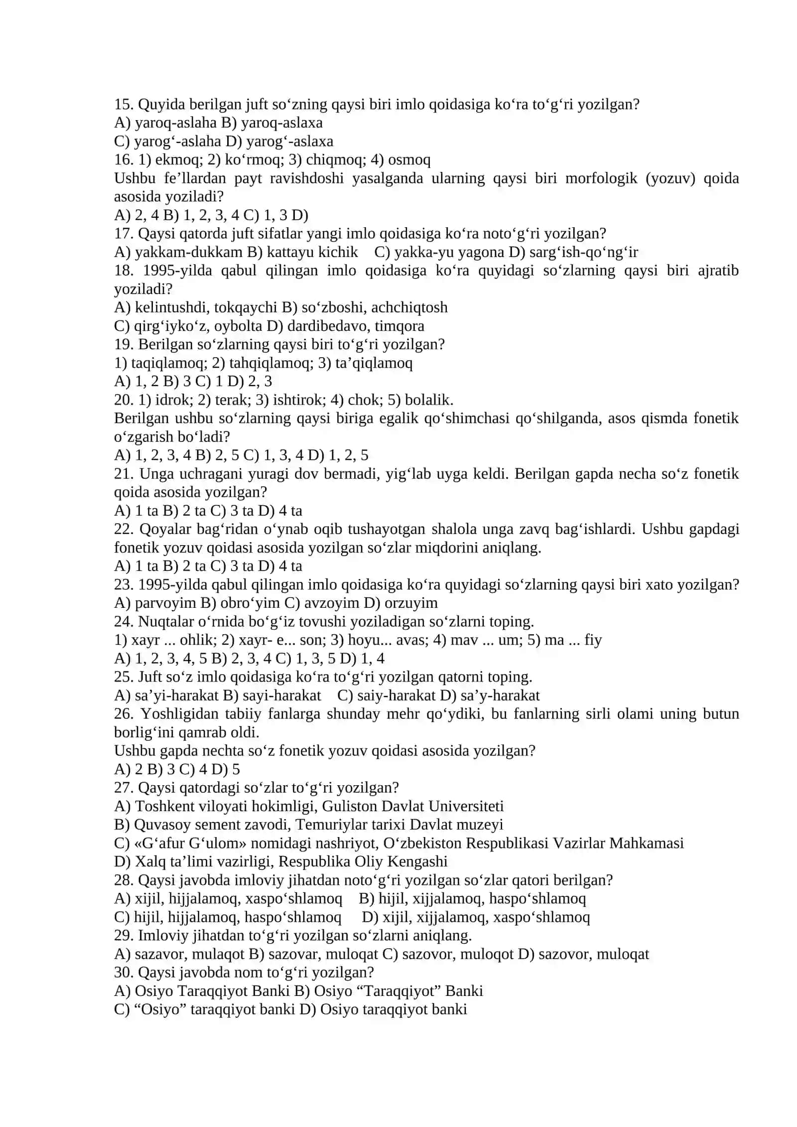 O'ZBEK TILINING SOHADA QO'LLANISHI FANIDAN TEST 2