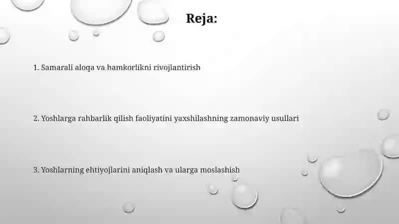 Yoshlar bilan ishlash bõyicha yetakchining faoliyatini takomillashtirish yõllari 2