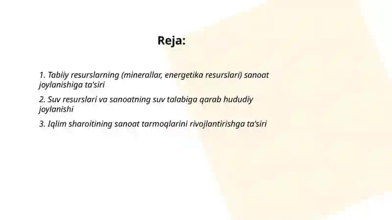 Sanoat tarmoqlarining hududiy joylanishi va rivojlanishiga tabiiy va iqtisodiy omillarning ta'siri 2