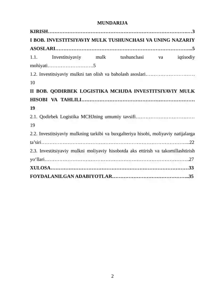 Investisiyaviy mulk (investment property)ning tarkibi, tan olish, baholash va moliyaviy hisobot (Qodirbek Logistika MCHJ misolida) 2