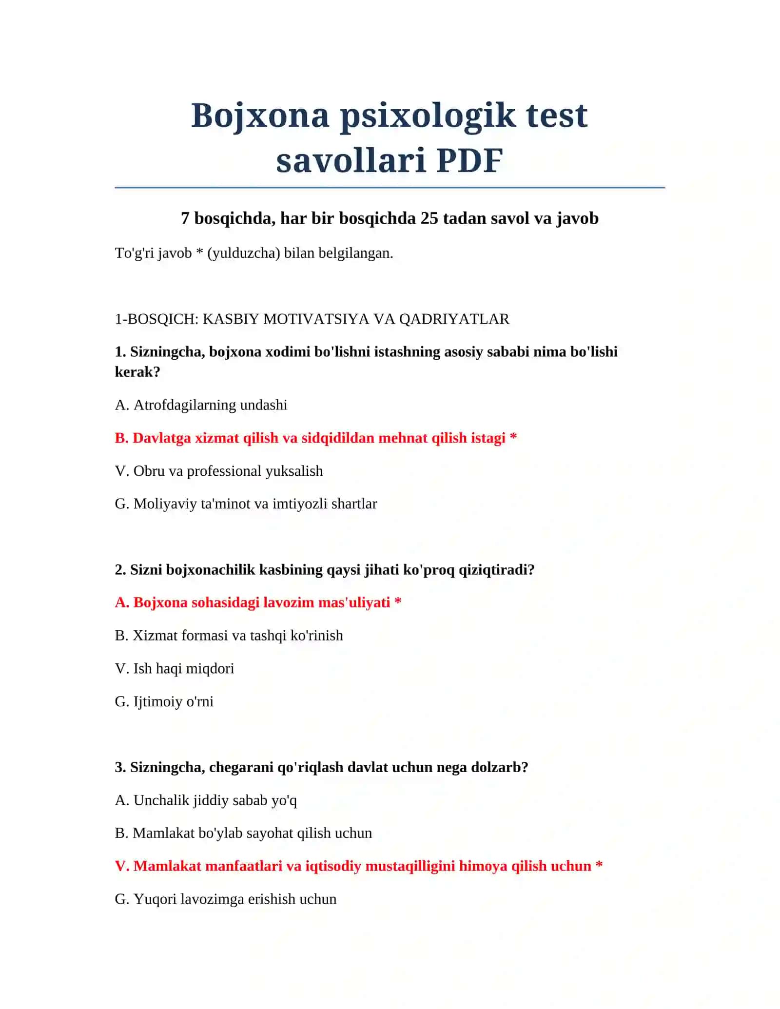 Bojxona psixologik test savollari PDF 2