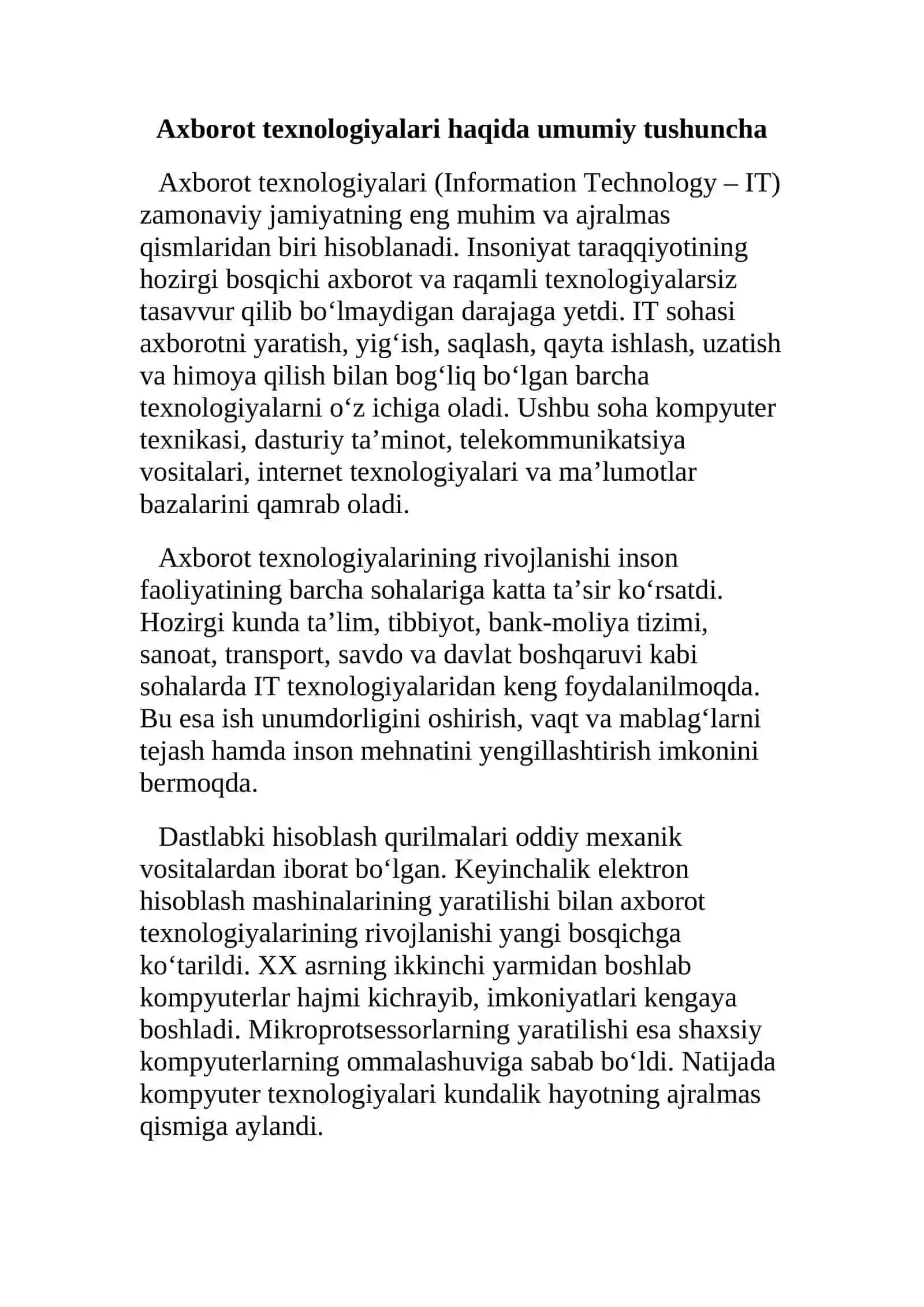 AXBOROT TEXNOLOGIYALARI VA ULARNING ZAMONAVIY JAMIYATDAGI O‘RNI 2