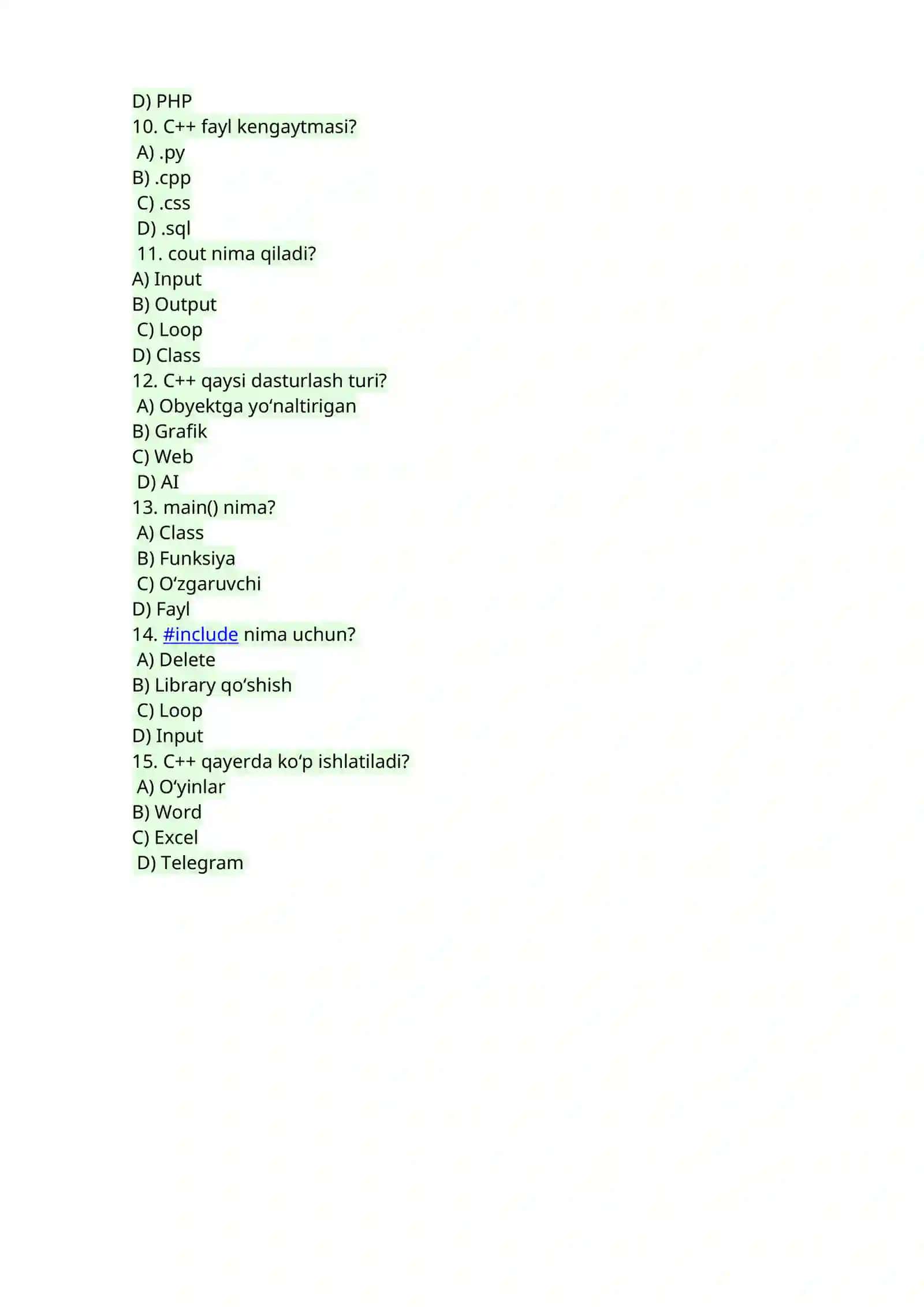 Python va C++ dasturlash tillari bo'yicha testlar 2