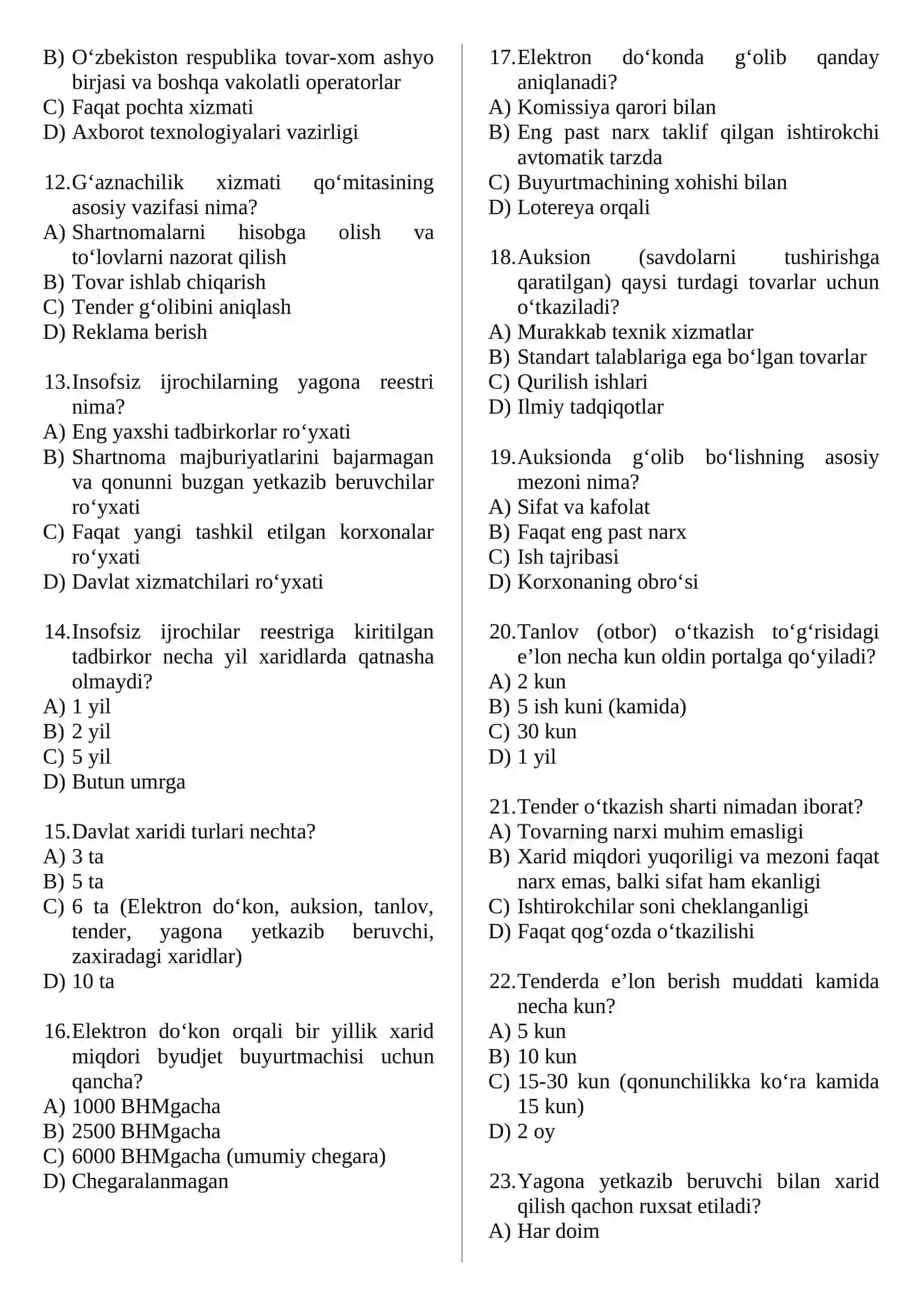 DAVLAT XARIDI FANIDAN TESTLAR 2