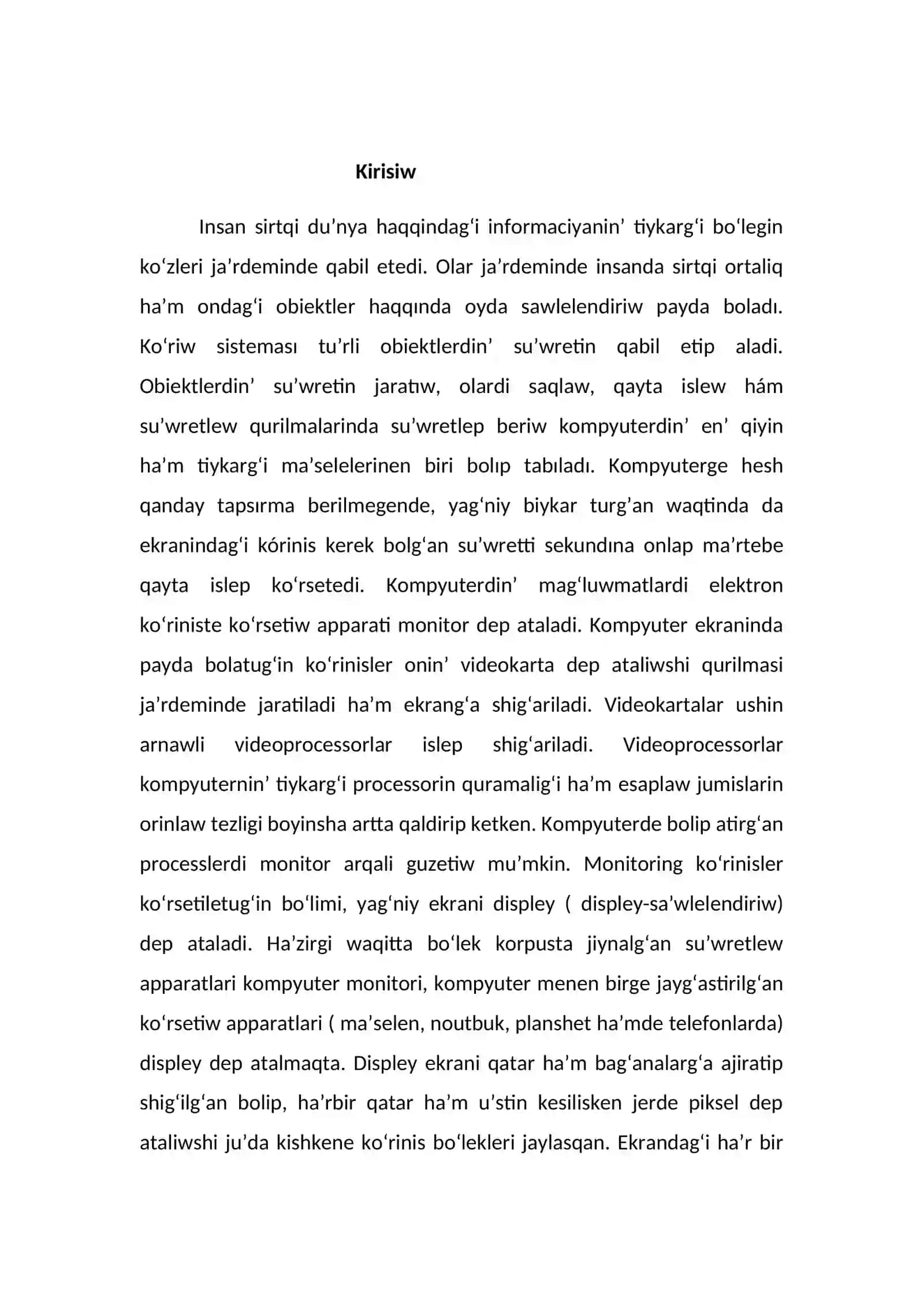 Grafikli magʻluwmatlardi kompyuterde koʻrsetiw 2