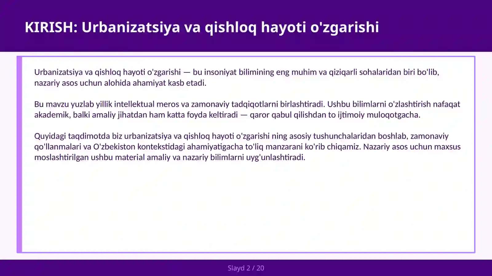 Urbanizatsiya va qishloq hayoti o'zgarishi 2