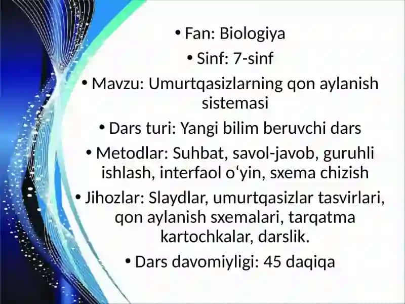 Umurtqasizlarning qon aylanish tizimi. Dars ishlanma 2
