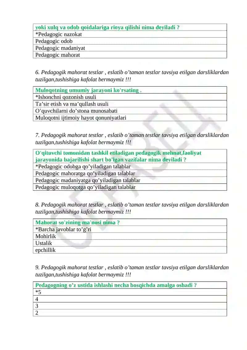 Pedagogik mahorat testlar 2