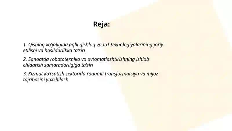 Iqtisodiy sektorlarda yangi texnologiyalarni tadbiq etish va bu jarayonning sektorlar rivojlanishiga ta'siri Xolov Muxammad 2