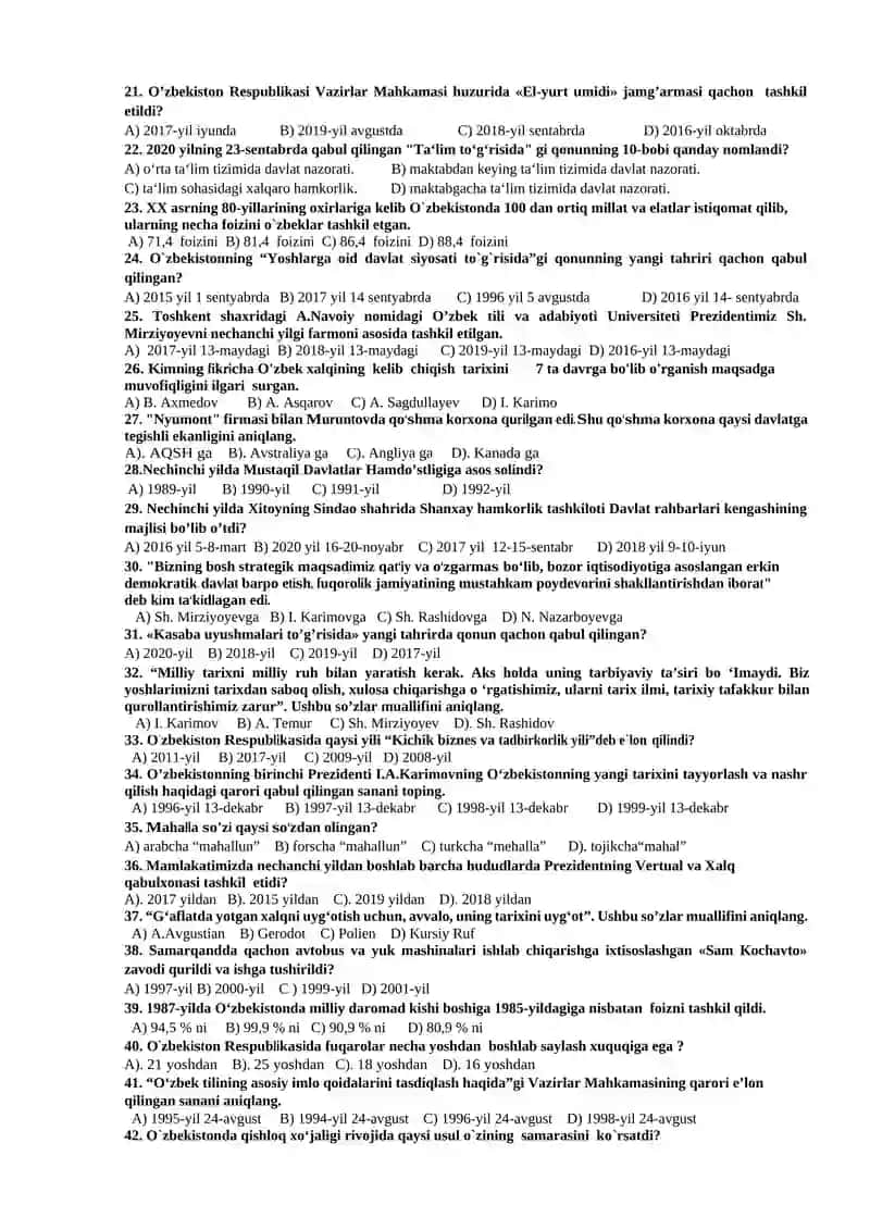 O’ZBEKISTONNING ENG YANGI TARIXI FANIDAN TESTLAR TO’PLAMI. 2