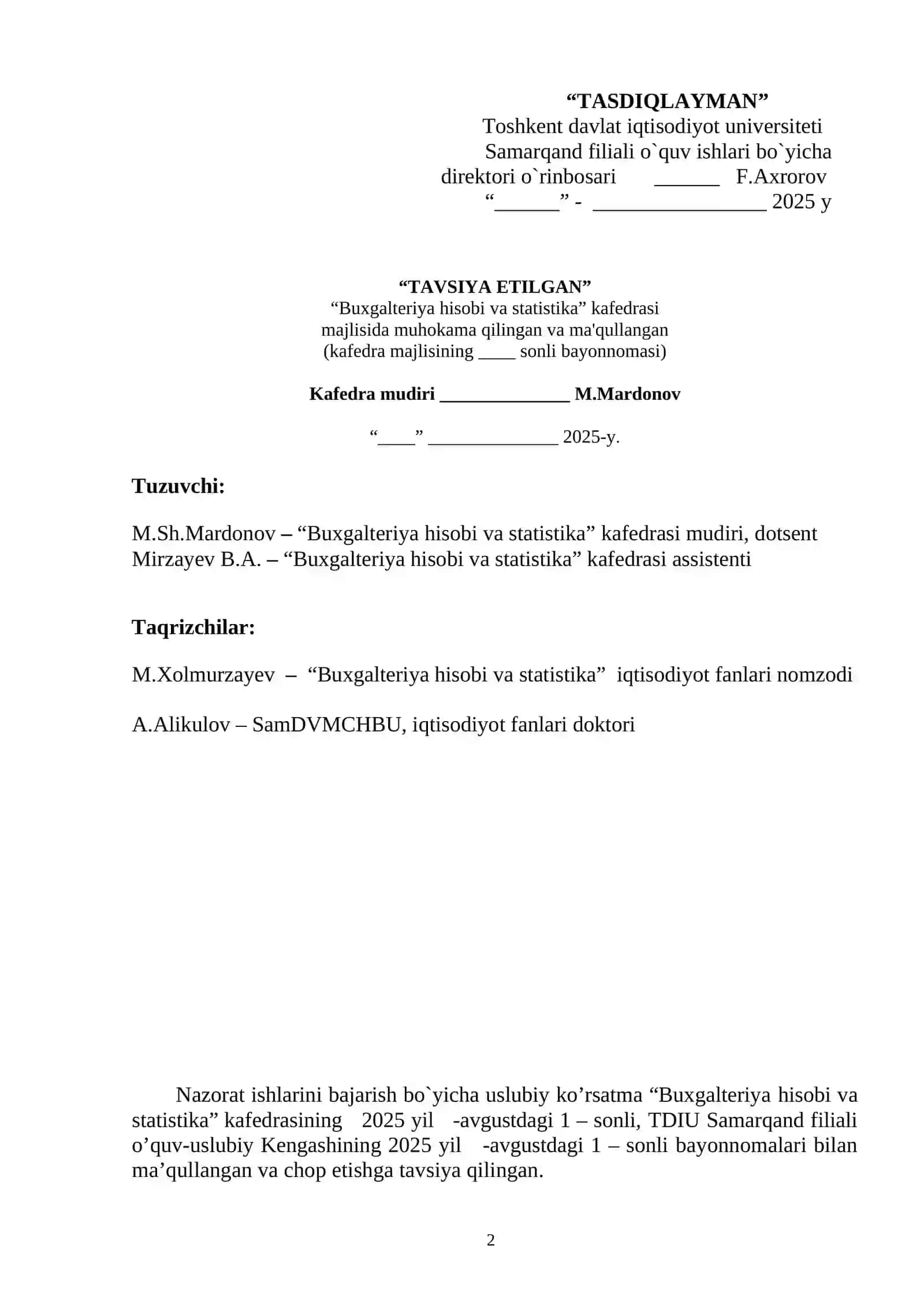 MOLIYAVIY HISOB FANIDAN NAZORAT ISHLARINI bajarish bo`yicha USLUBIY KO’RSATMA 2