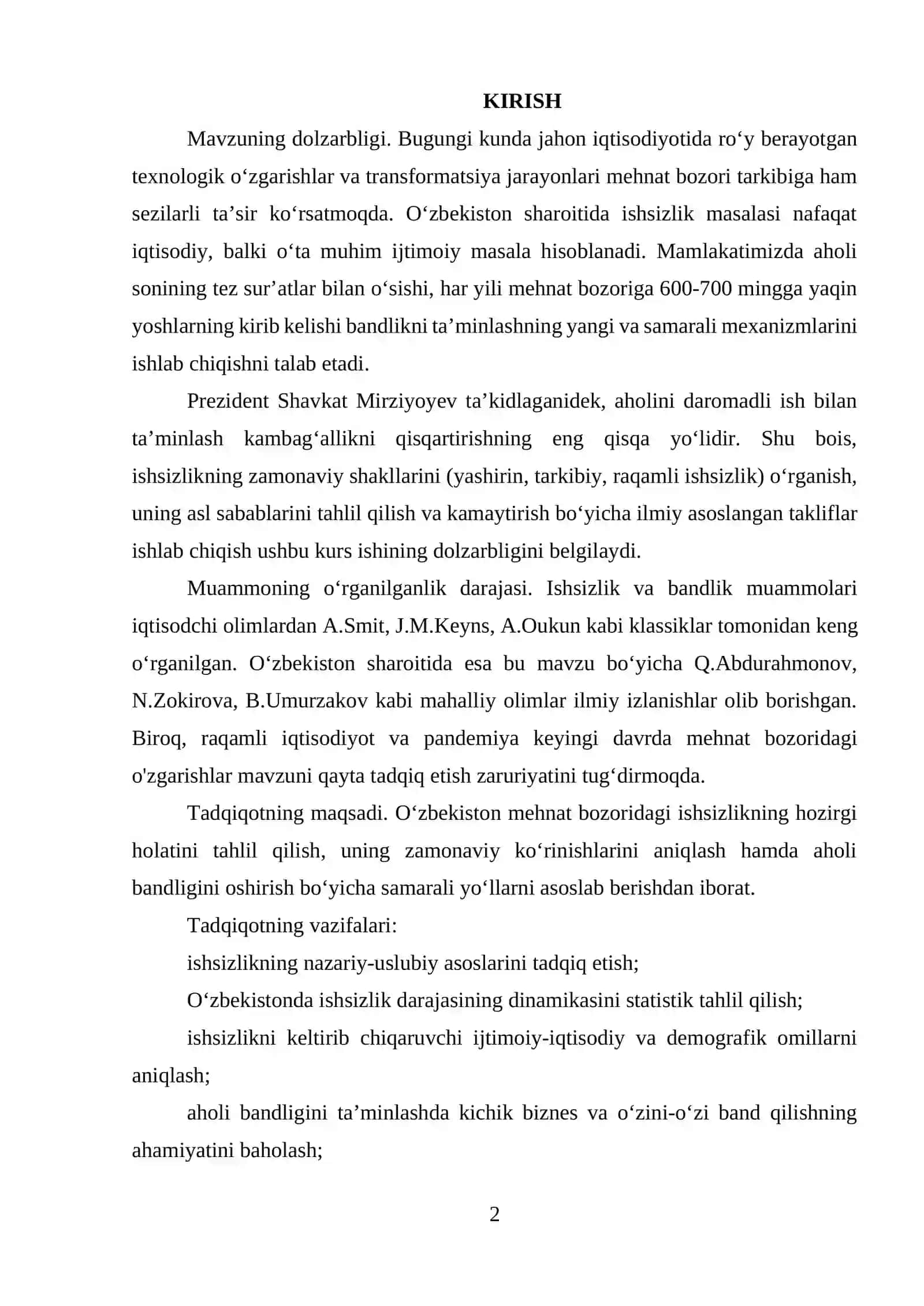 O’ZBEKISTONDA ISHSIZLIK: ZAMONAVIY SHAKLLARI, SABABLARI, KAMAYTIRISH USULLARI 2