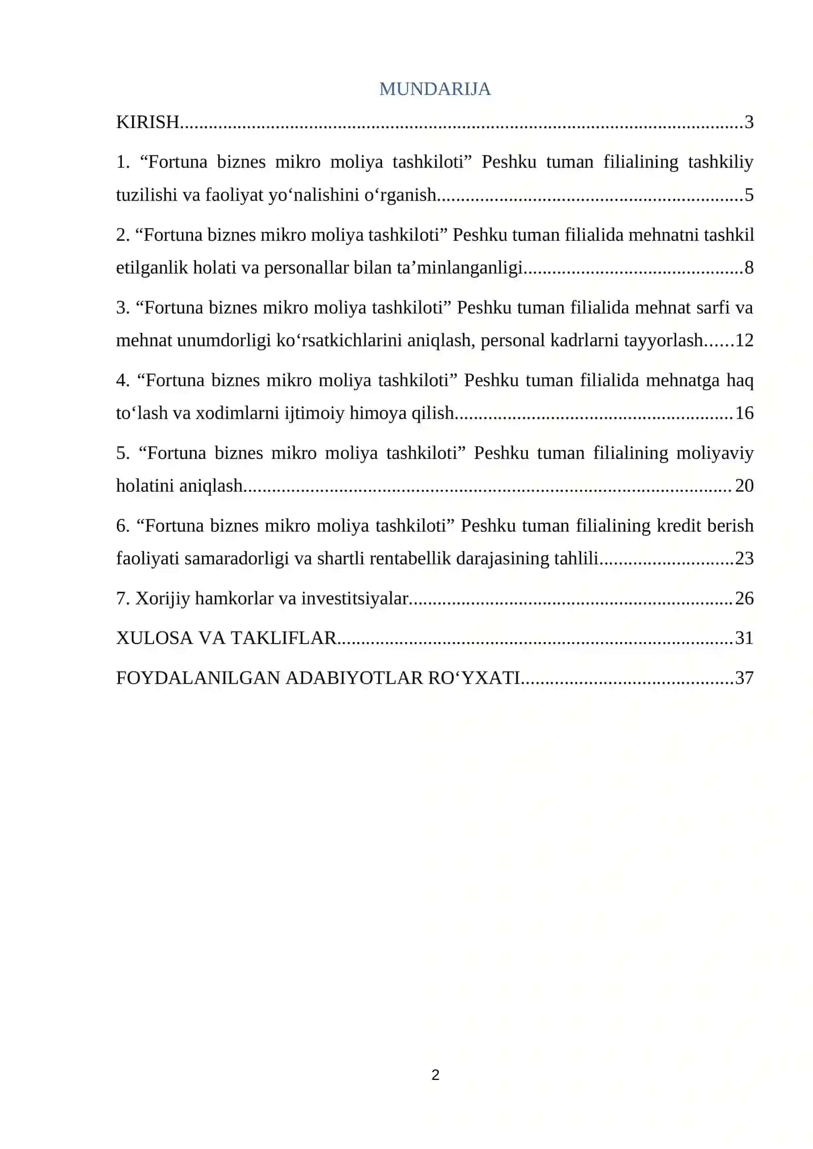 Fortuna biznes mikro moliya tashkiloti boyicha amaliyot hisoboti. 2