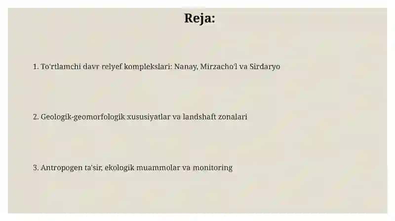 To'rtlamchi davr relyef komplekslari (Nanay, Mirzacho'l va Sirdaryo) 2