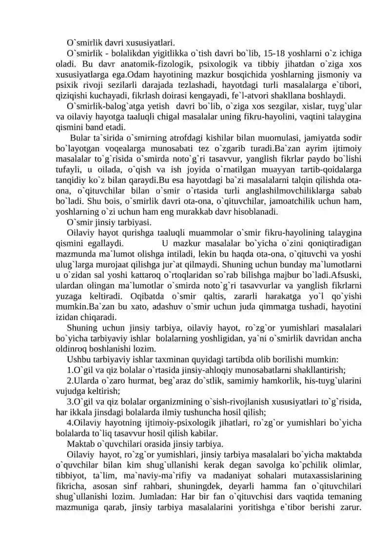 O`smirlik. Jinsiy tarbiya. Oilaviy turmush qurishning tibbiy muammolari. Kontratsepsiya. 2