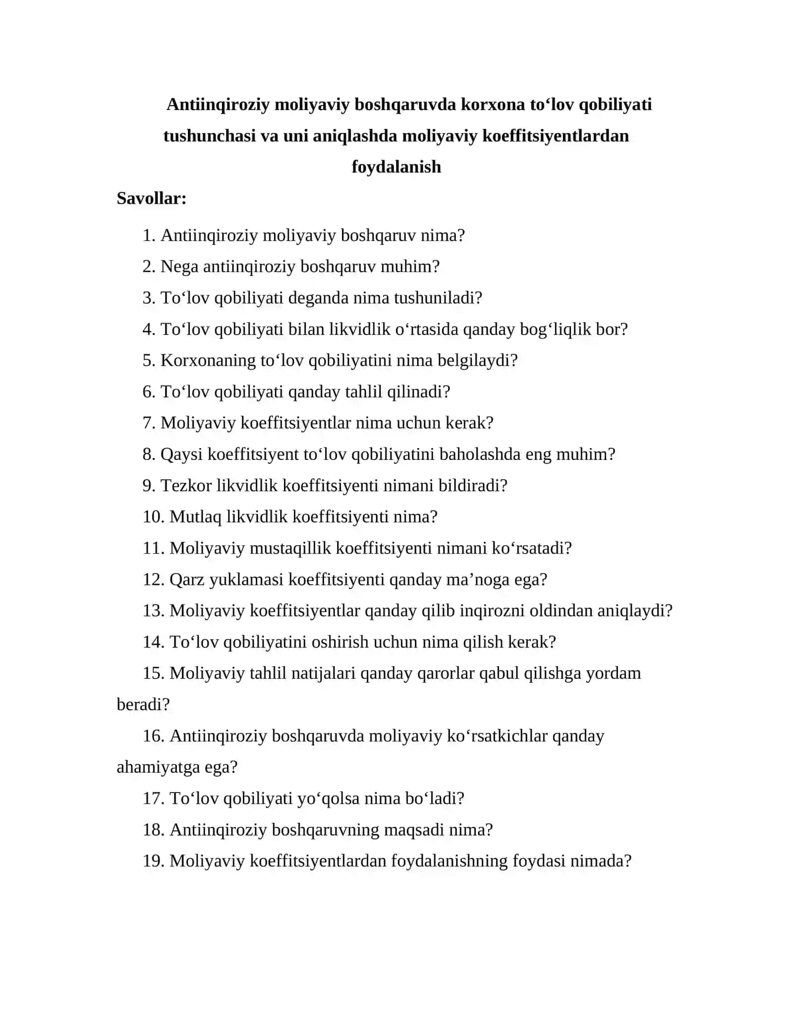 Antiinqiroziy moliyaviy boshqaruvda korxona to‘lov qobiliyati tushunchasi va uni aniqlashda moliyaviy koeffitsiyentlardan foydalanish 2