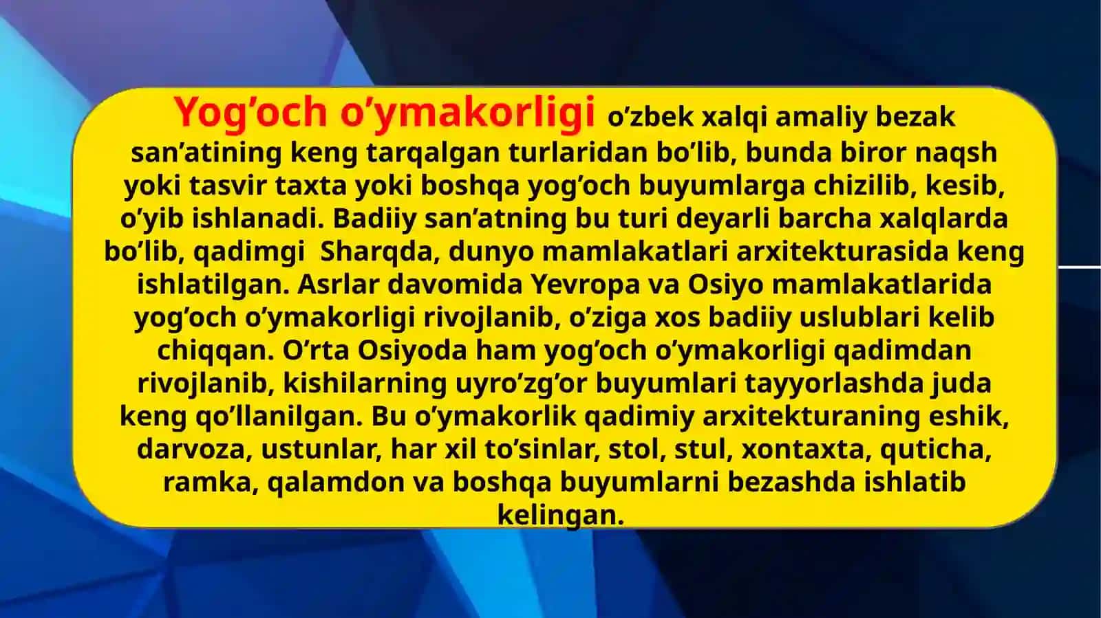 Markaziy Osiyoda qadimdan yog’och o’ymakorligining rivojlanishi 2