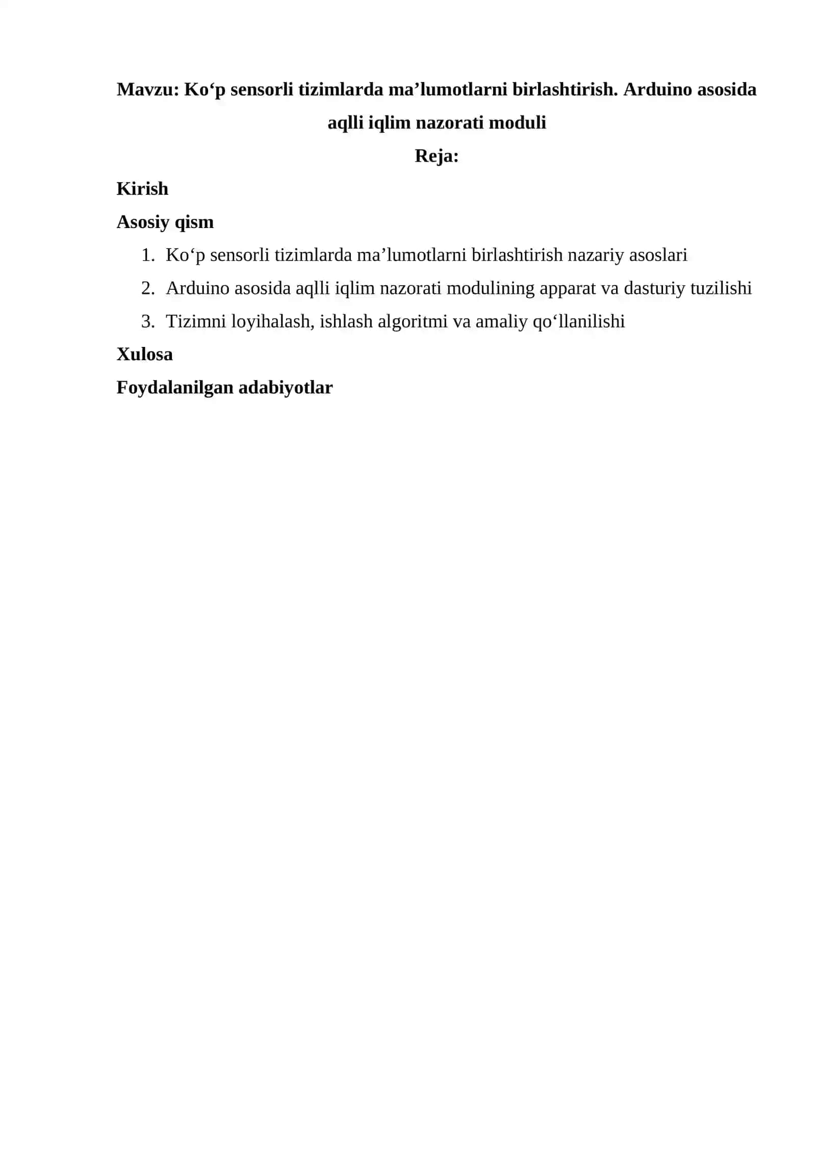 Ko‘p sensorli tizimlarda ma’lumotlarni birlashtirish. Arduino asosida aqlli iqlim nazorati moduli 2