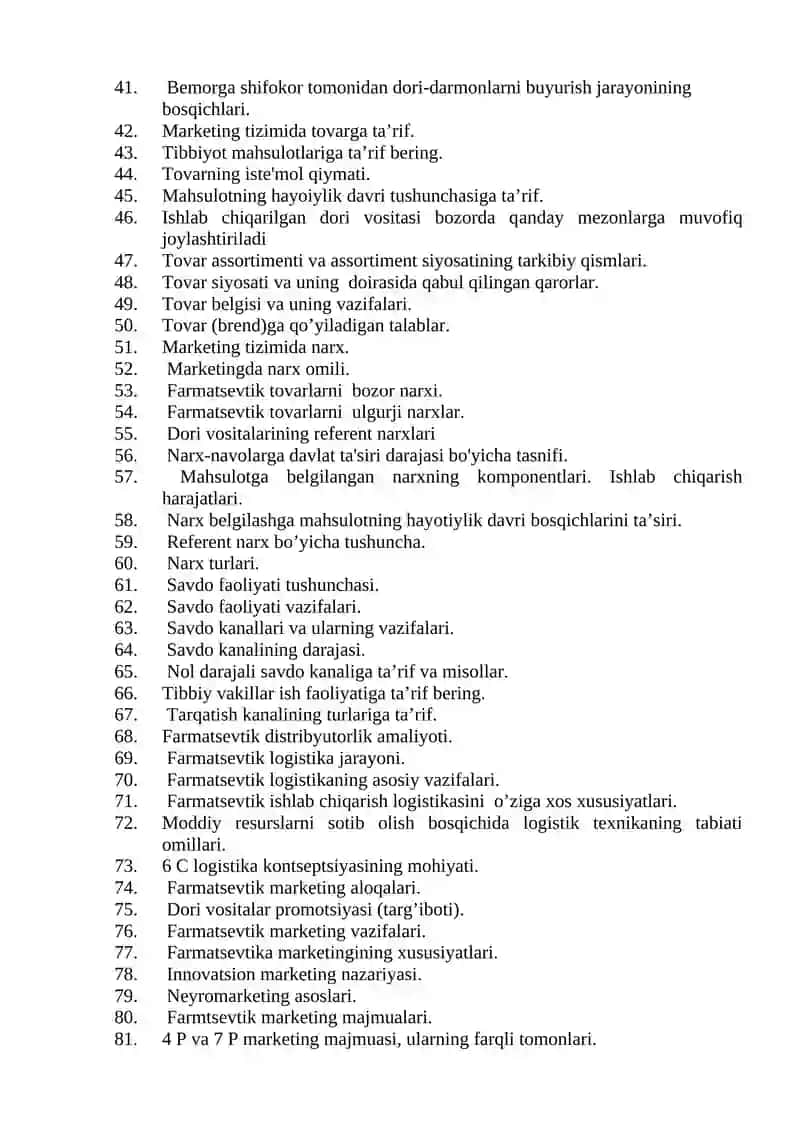 Farmatsevtik ishlab chiqarish marketingi va menejmenti modulidan YaN savollari 2
