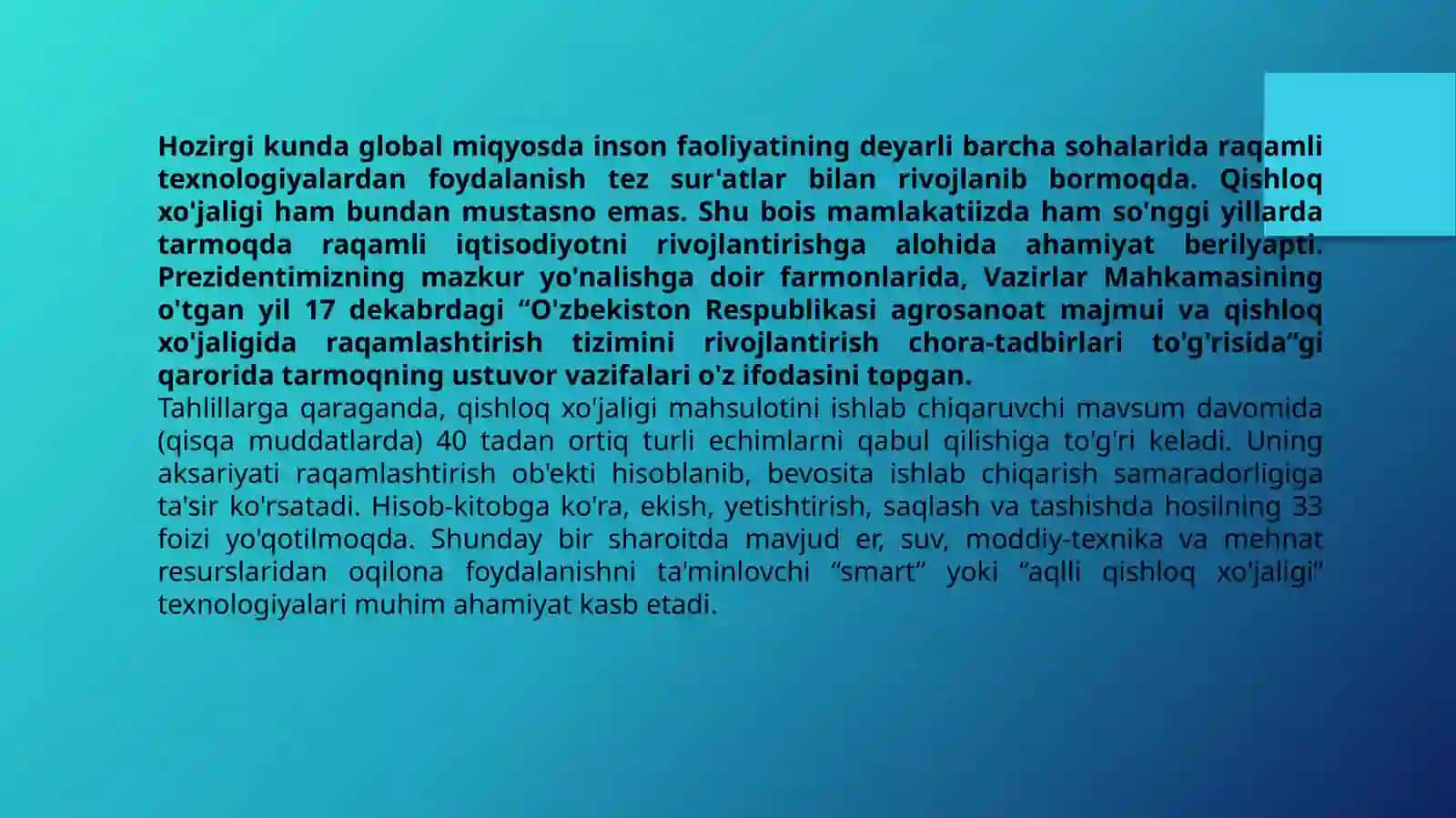 O’zbekistonda aqilli qishloq xo’jaligining mohiyati 2